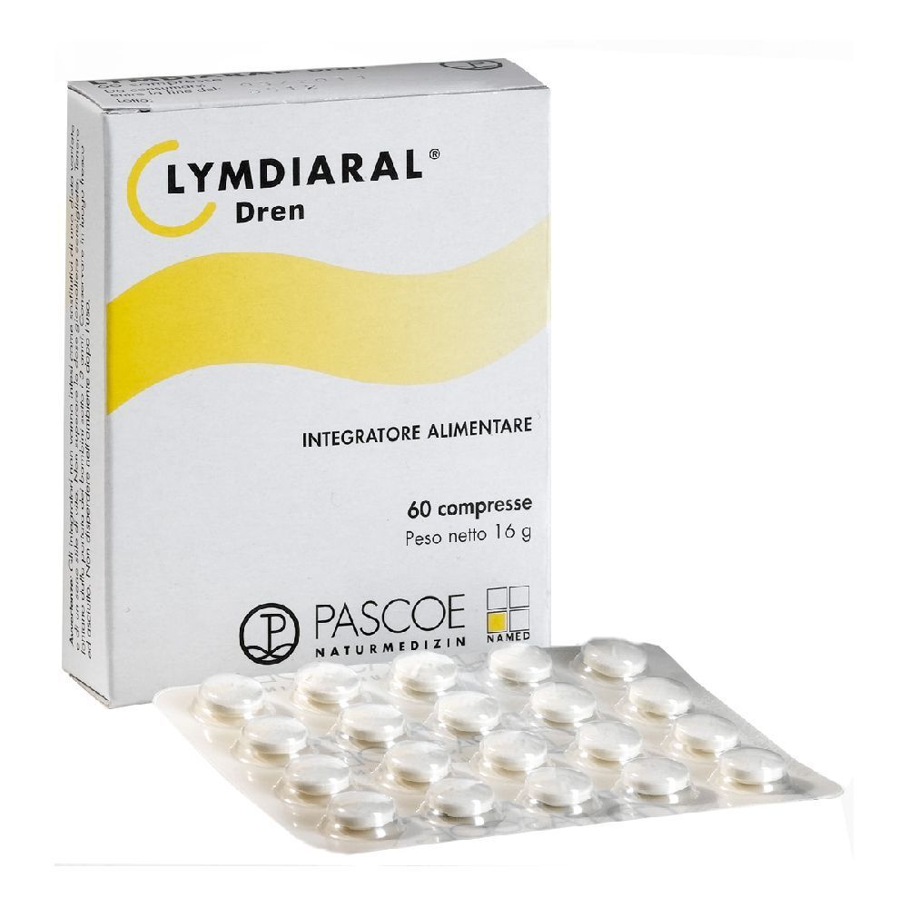 Confezione e blister di compresse. Scritta: LYMDIARAL Dren, 60 compresse. Marchio: PASCOE.