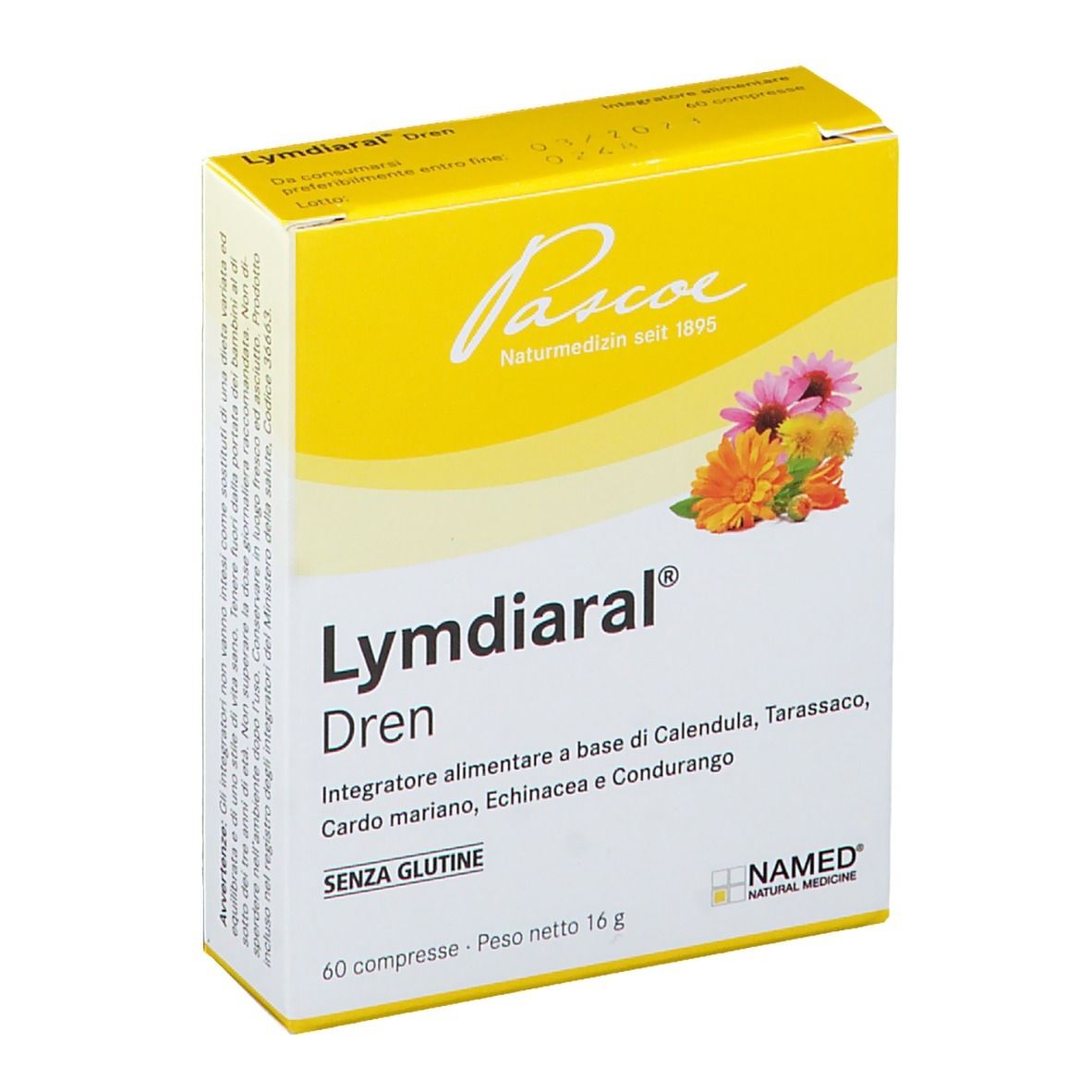 Scatola gialla con stampa del prodotto. Scritta: LYMDIARAL Dren. Marchio: PASCOE. Con illustrazione floreale.