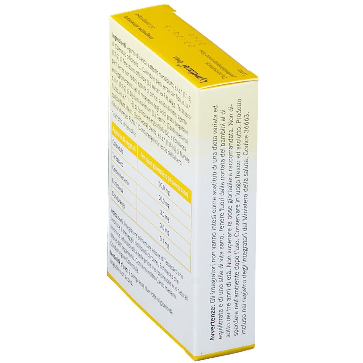 Retro della scatola gialla. Testo con avvertenze e istruzioni per l'uso.