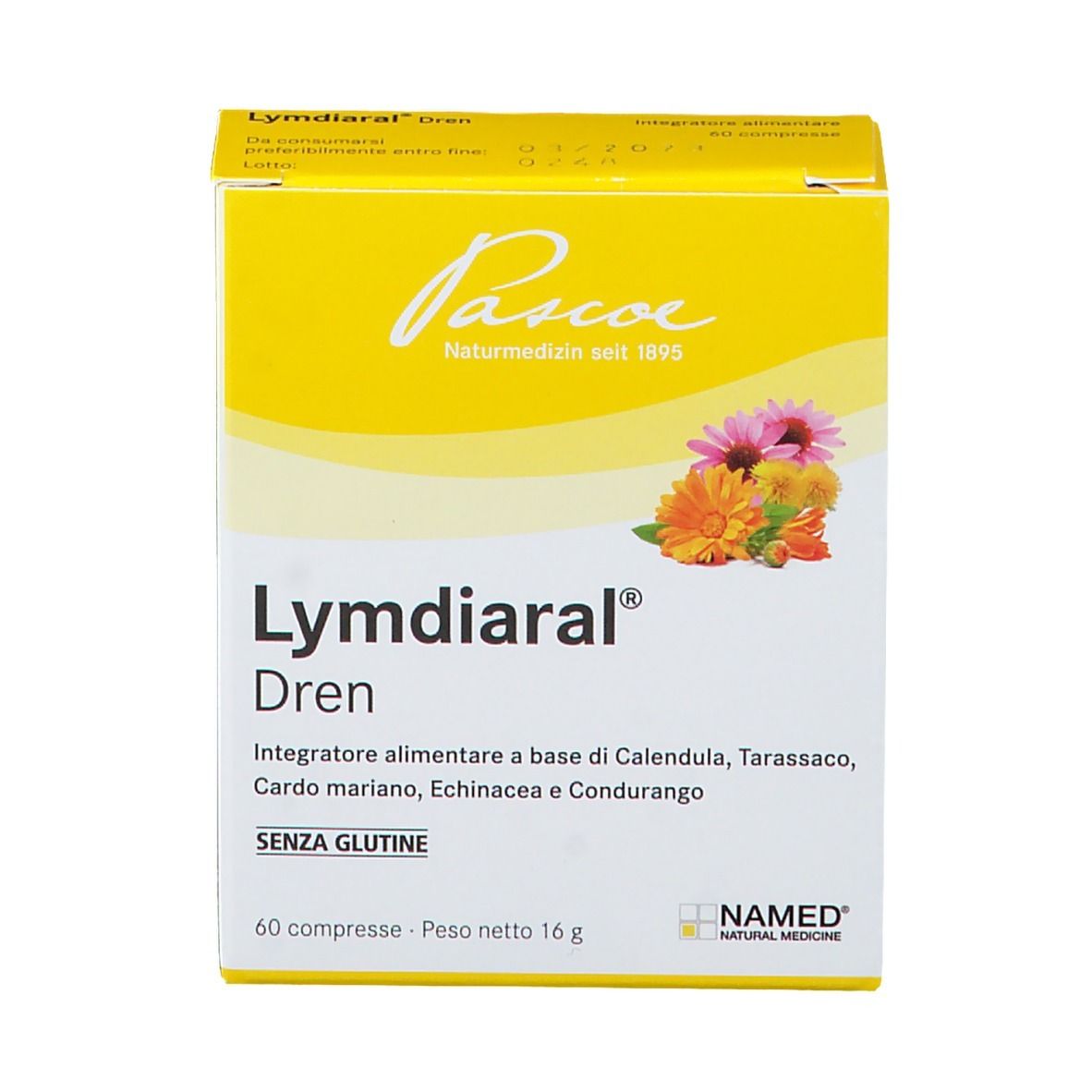 Scatola gialla con stampa del prodotto. Scritta: LYMDIARAL Dren. Marchio: PASCOE. Con illustrazione floreale.