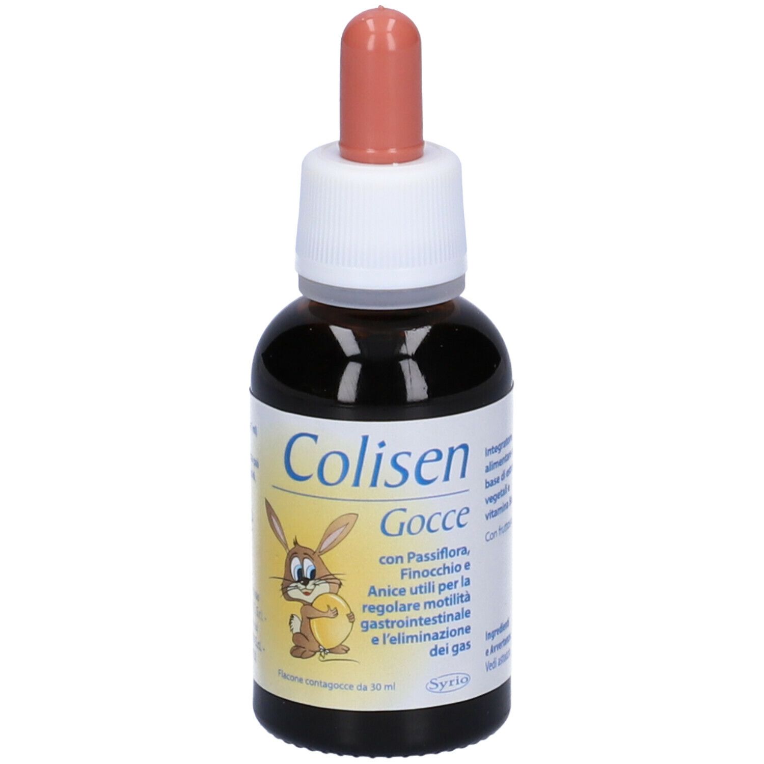 Flacone di vetro marrone con contagocce. Scritta: Colisen Gocce. Illustrazione di un coniglio. Contiene Passiflora, finocchio e anice.