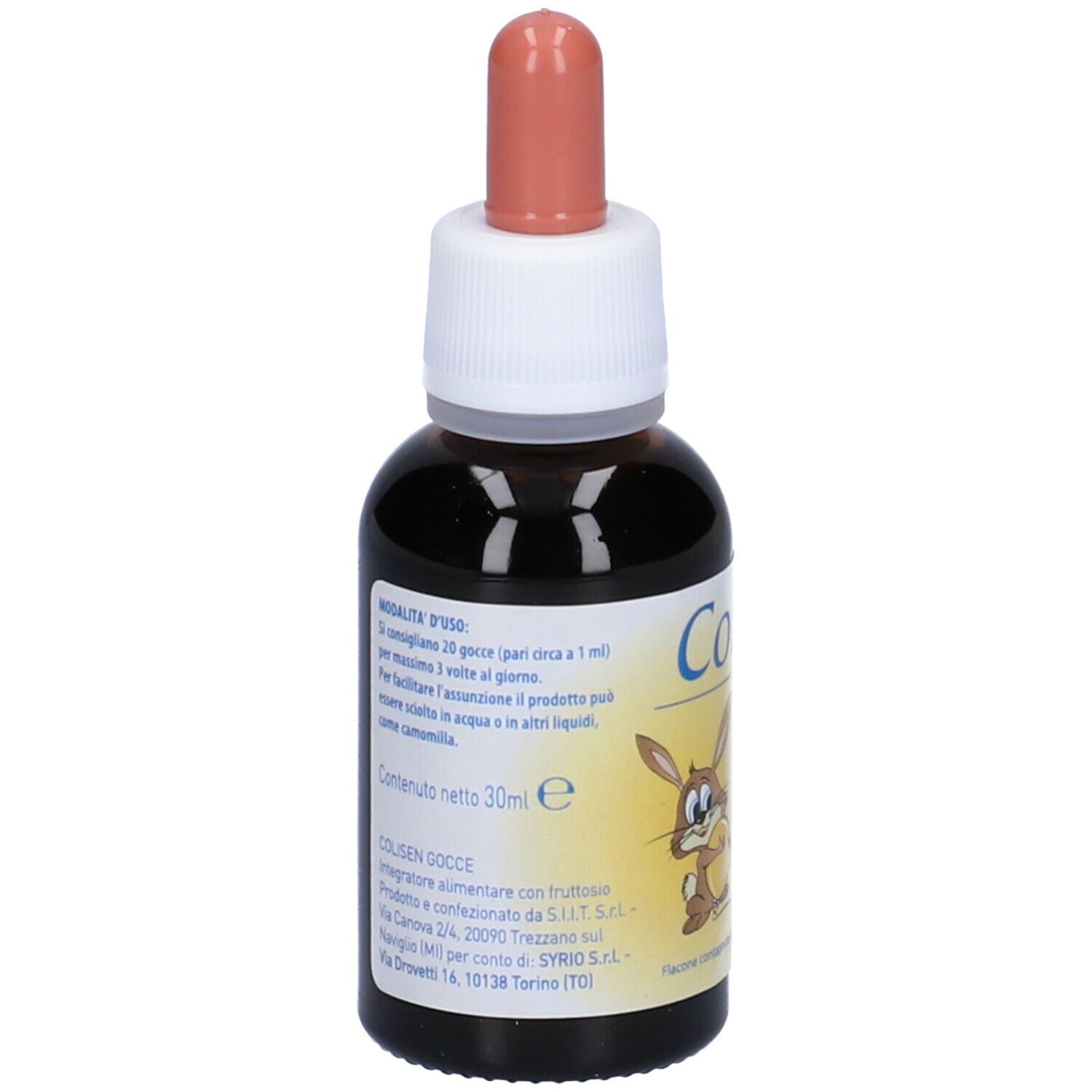 Flacone di vetro marrone con contagocce. Scritta: Colisen Gocce. Illustrazione di un coniglio. Contiene Passiflora, finocchio e anice. 30ml.
