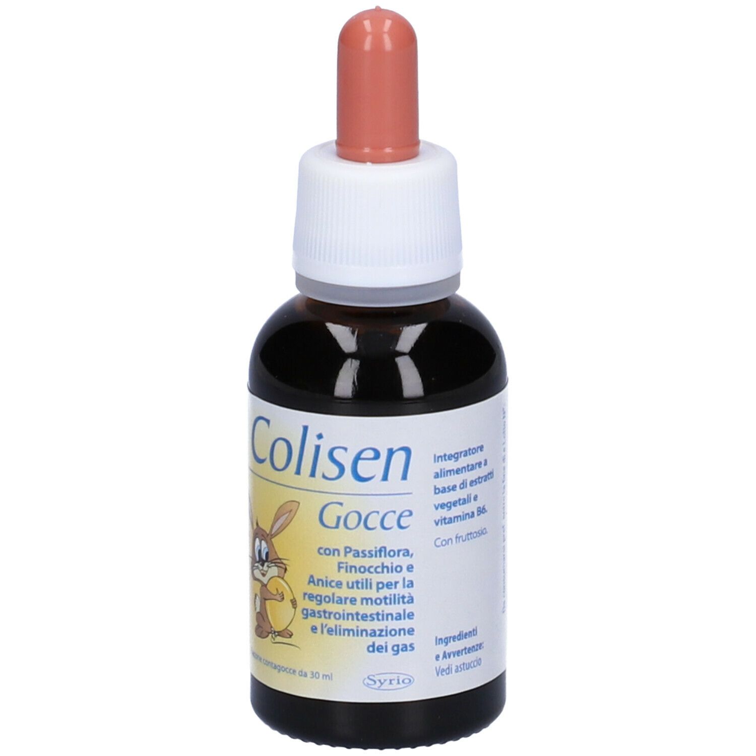 Flacone di vetro marrone con contagocce. Scritta: Colisen Gocce. Illustrazione di un coniglio. Contiene Passiflora, finocchio e anice.