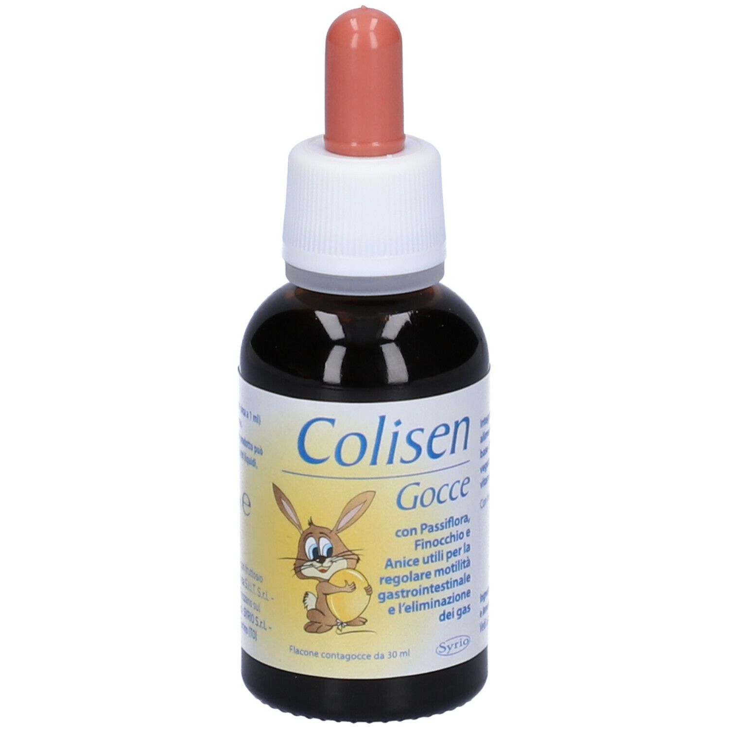 Flacone di vetro marrone con contagocce. Scritta: Colisen Gocce. Illustrazione di un coniglio. Contiene Passiflora, finocchio e anice.