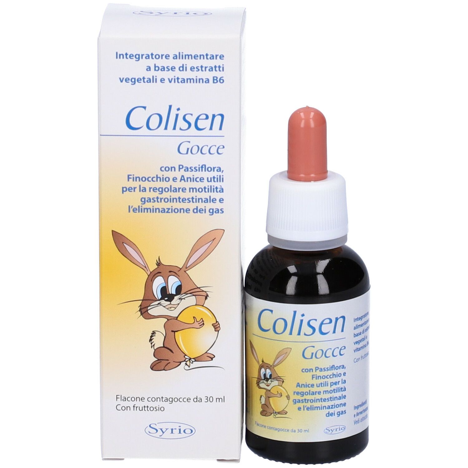 Confezione e flacone. Scritta: Colisen Gocce. Illustrazione di un coniglio. Contiene Passiflora, finocchio e anice.