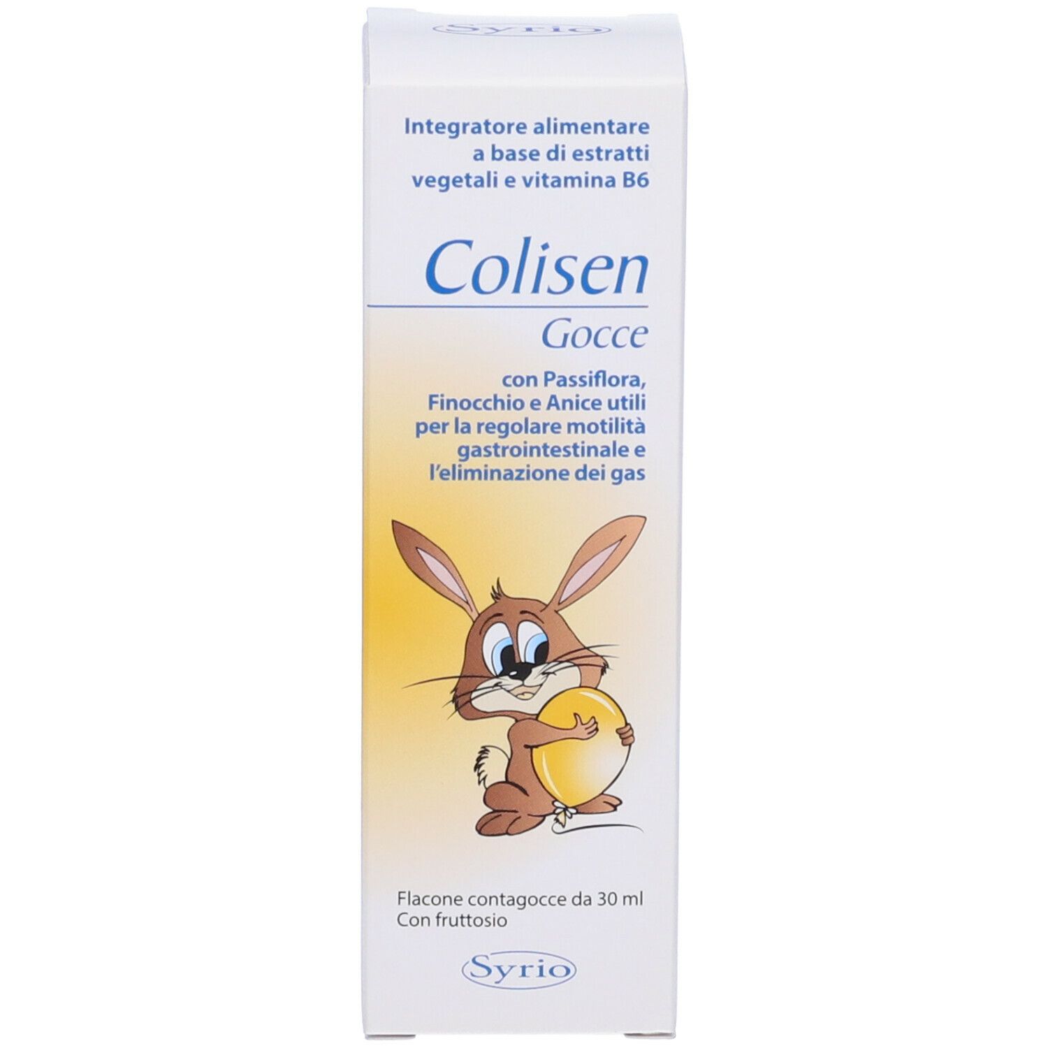 Confezione del prodotto. Scritta: Colisen Gocce. Illustrazione di un coniglio. Contiene Passiflora, finocchio e anice.