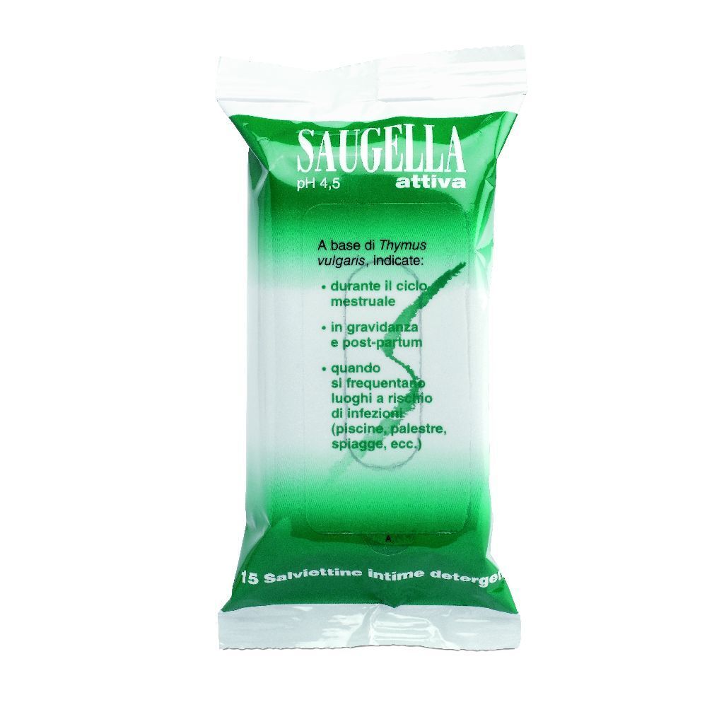 Confezione di salviettine SAUGELLA, verde e bianca. Scritta: pH 4,5, 15 salviettine intime.