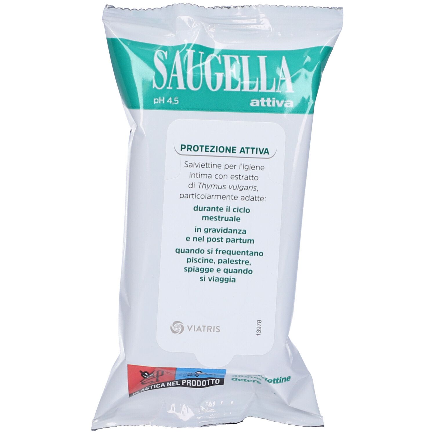 Confezione di salviettine SAUGELLA, bianca e verde. Scritta: pH 4,5, protezione attiva, ingredienti.