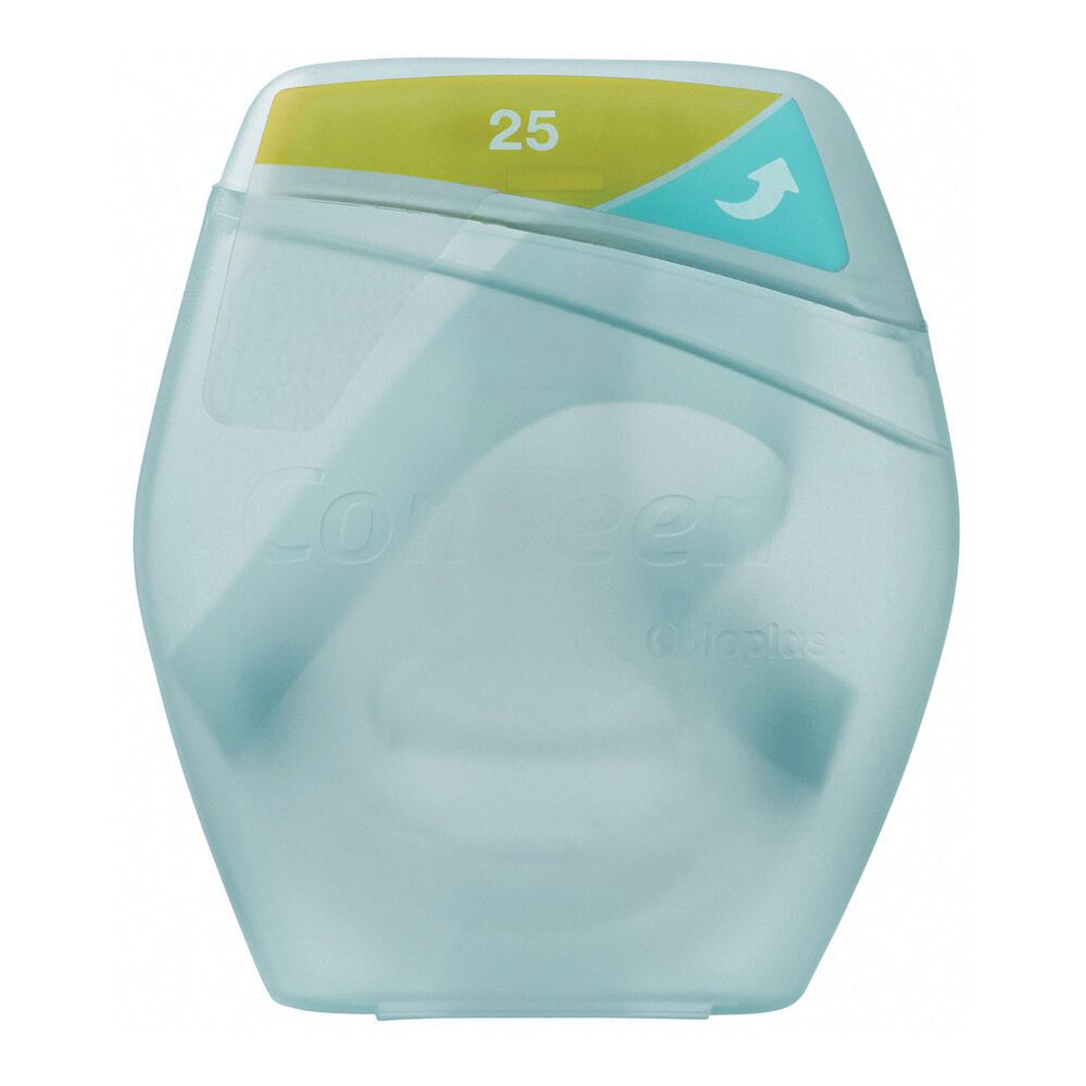 Behälter mit Produkt. Grün-gelber Deckel mit Aufschrift 25. Türkisfarbener Pfeil. Produktname Conveen.