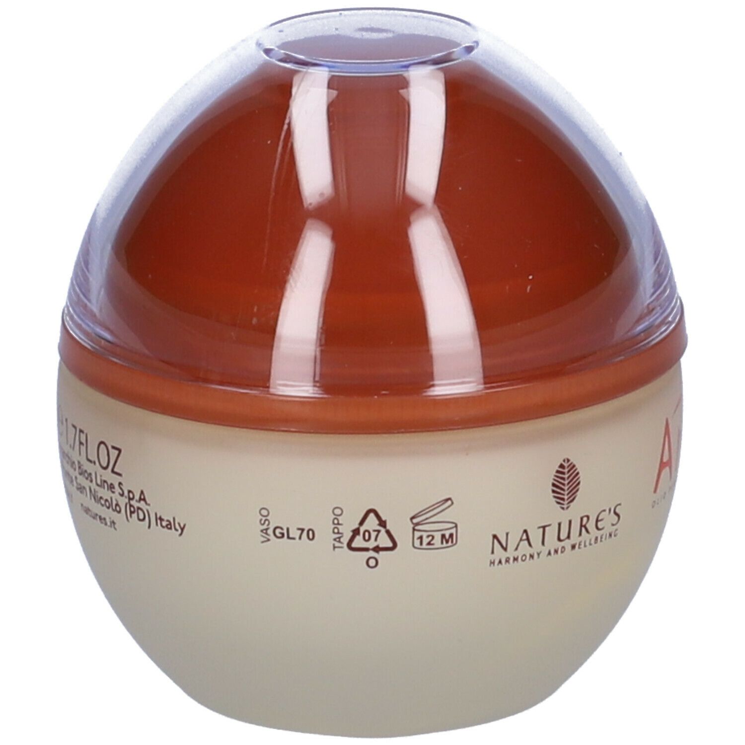 Contenitore di crema con coperchio marrone. Scritta: NATURE'S, Arga. Sul fondo: 12M, GL70, simbolo riciclo.