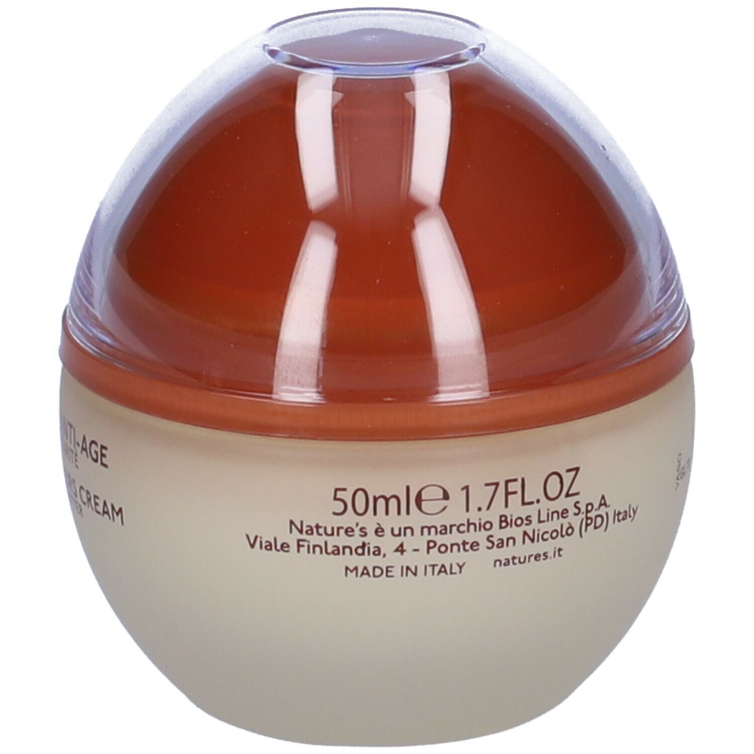 Contenitore di crema con coperchio marrone. Scritta: 50ml, 1.7 FL.OZ. NATURE'S. Prodotto in Italia. Nome prodotto non visibile.