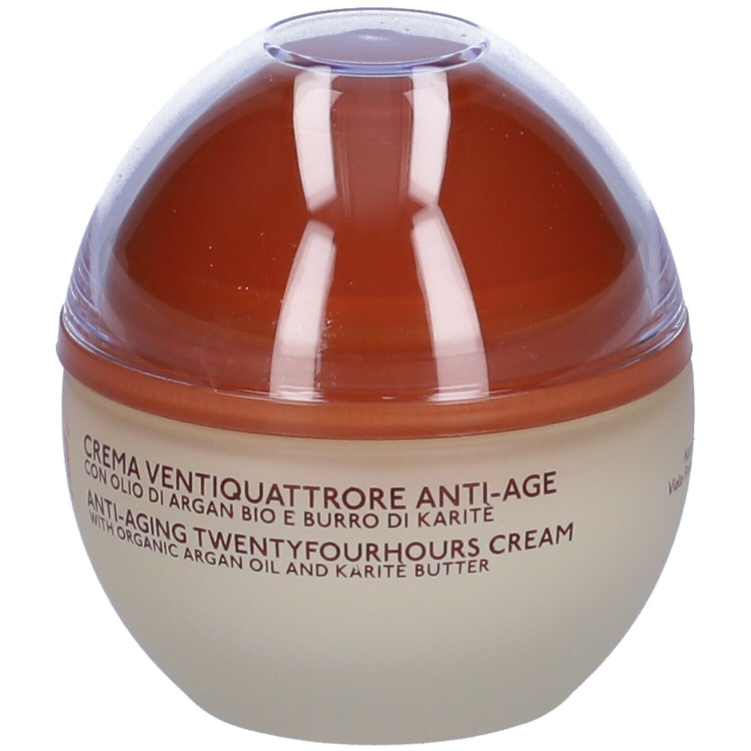 Contenitore di crema con coperchio marrone. Scritta: Crema anti-età Twentyfourhours con olio di argan bio e burro di karité.