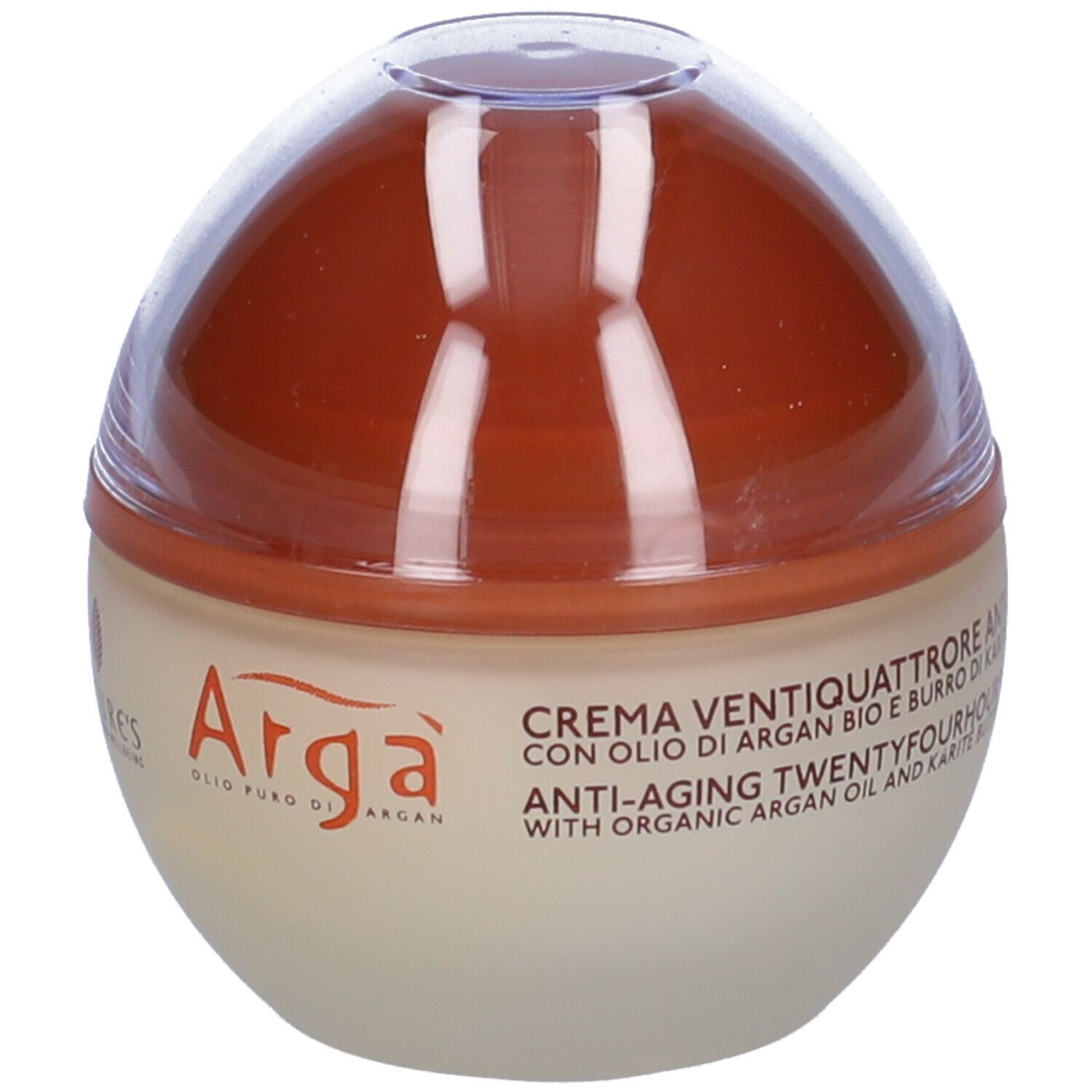 Contenitore di crema con coperchio marrone. Scritta: Arga, crema anti-età con olio di argan bio e burro di karité. Marchio: NATURE'S.