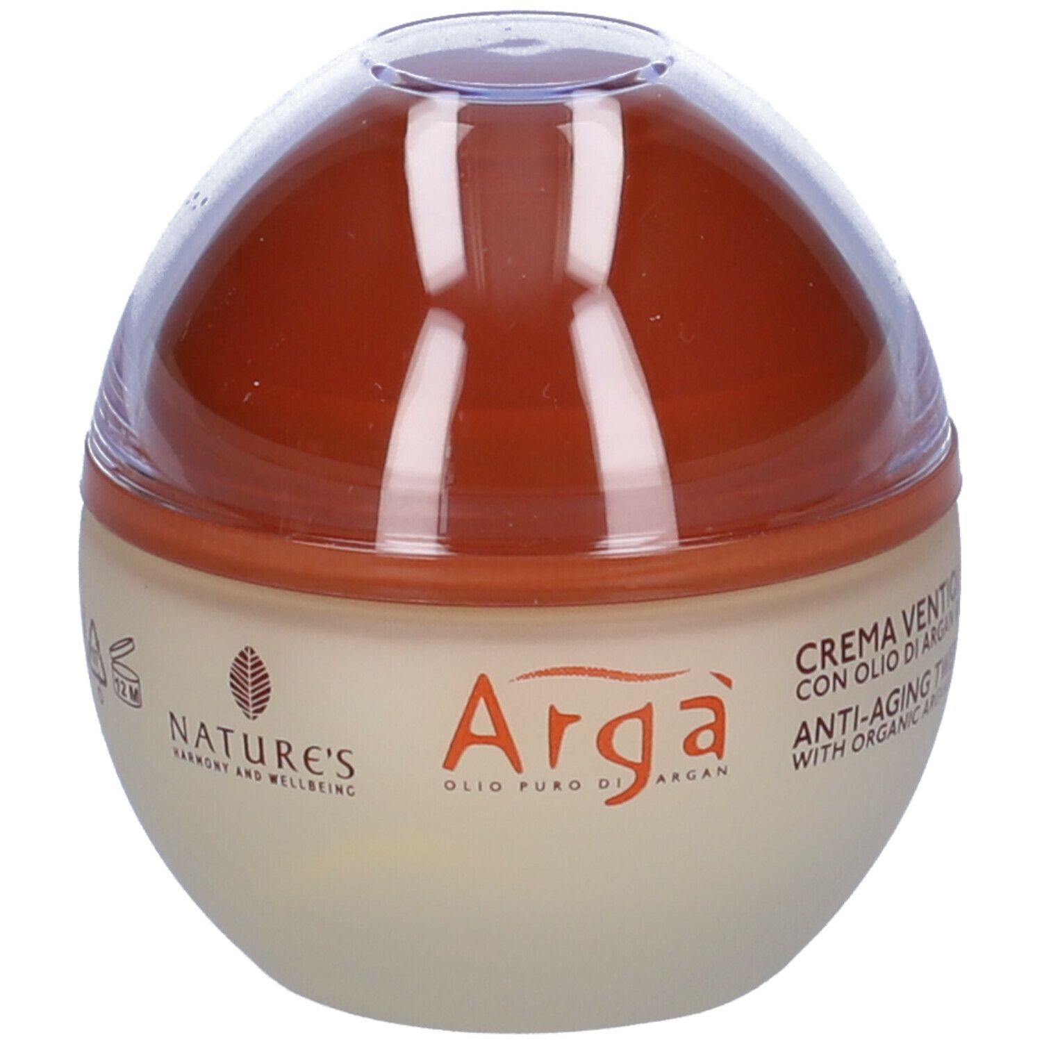 Contenitore di crema con coperchio marrone. Scritta: Arga, crema anti-età con olio di argan bio. Marchio: NATURE'S.