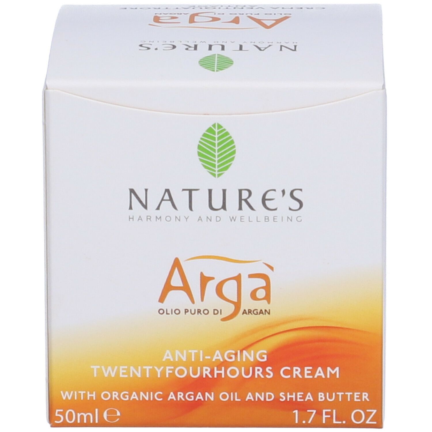 Confezione del prodotto. Scritta: NATURE'S, Arga, Crema anti-età Twentyfourhours con olio di argan bio e burro di karité. 50ml, 1.7 FL. OZ.