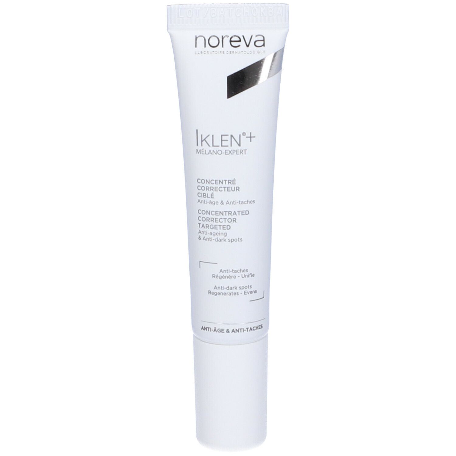 Tubo bianco con testo e logo Noreva. Prodotto: Iklen+ Melano Expert. Concentrato correttore mirato. Anti-età e anti-macchie.