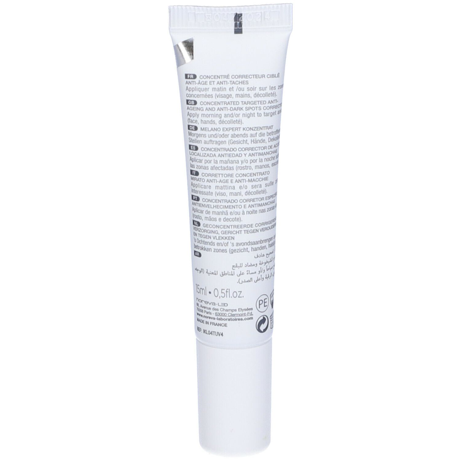 Retro del tubo. Testo multilingue. Nome del prodotto: Iklen+ Melano Expert. Informazioni sugli ingredienti e l'uso.