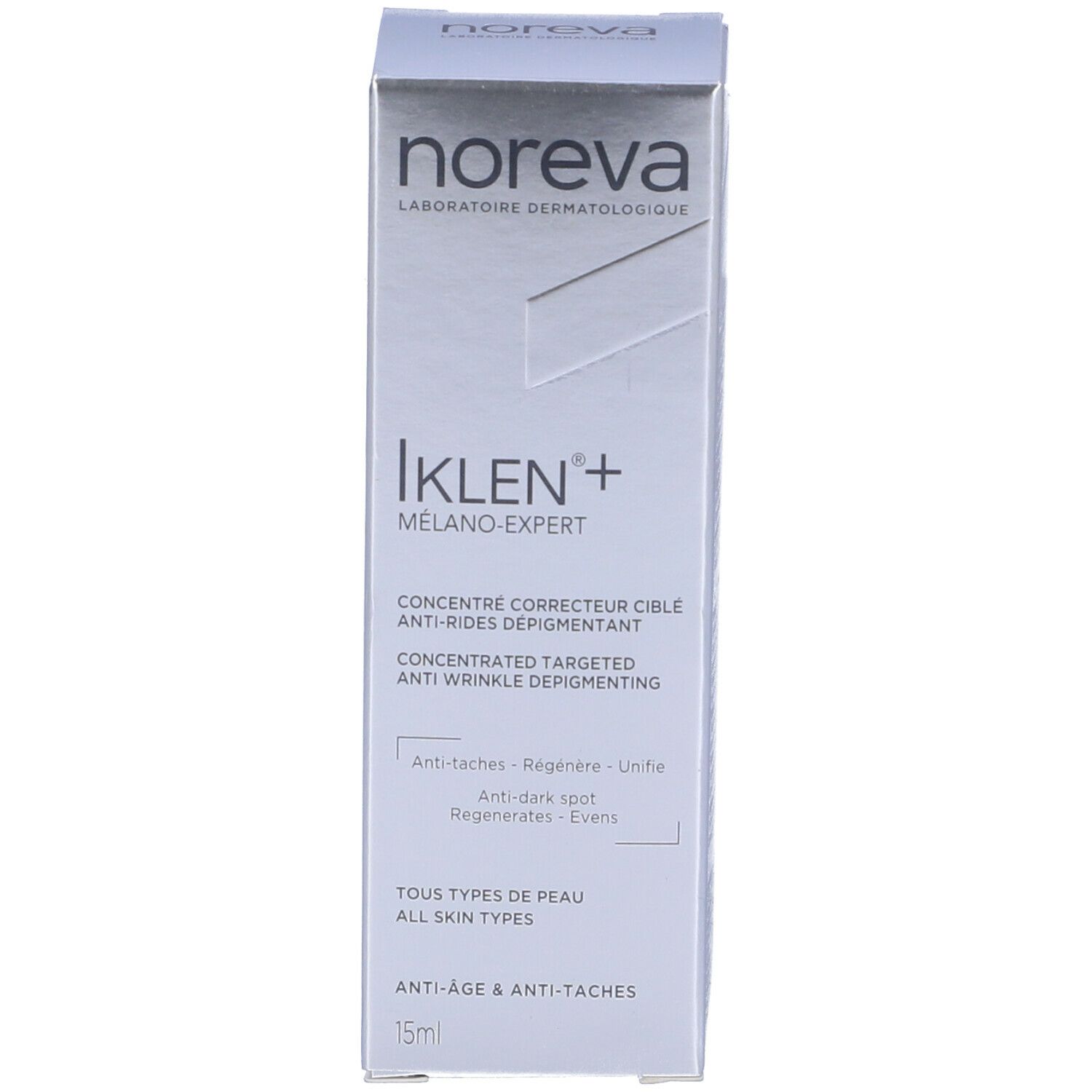 Confezione del prodotto, bianca e argento. Nome del prodotto: Iklen+ Melano Expert. Concentrato correttore mirato. Marca: Noreva.