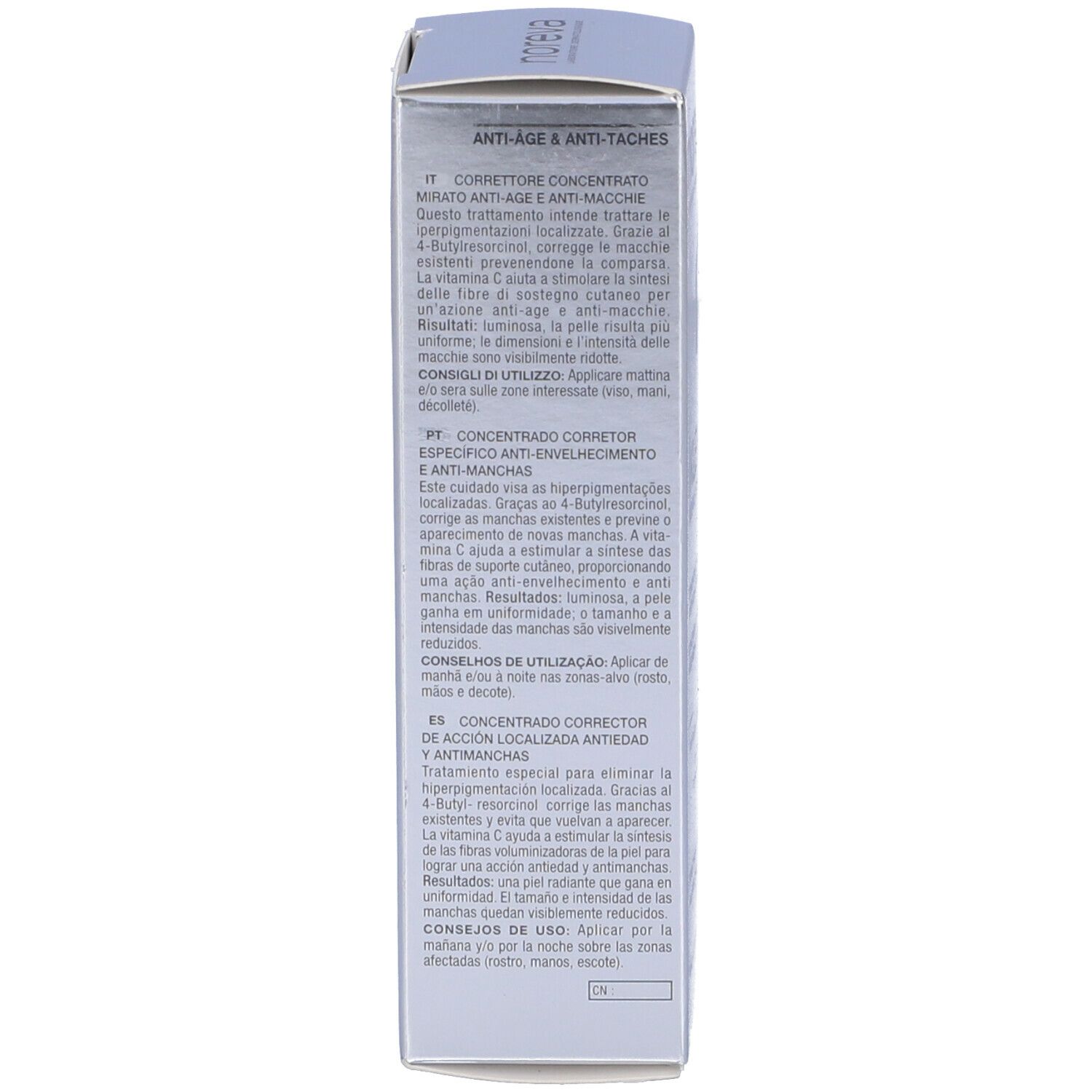 Lato della confezione. Testo multilingue. Prodotto: Iklen+ Melano Expert. Informazioni sull'uso e sugli ingredienti.