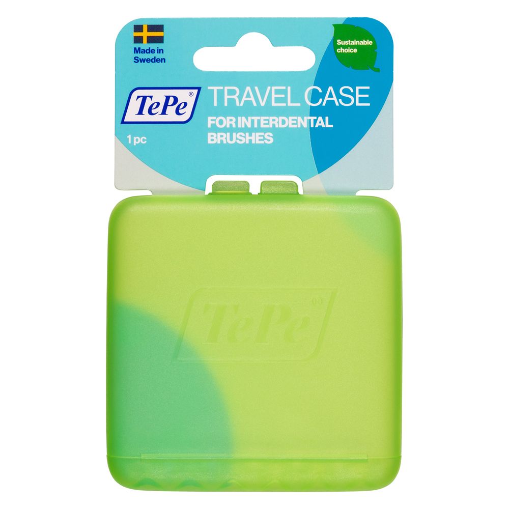 Astuccio da viaggio quadrato verde con gancio. Testo: TePe, Travel Case, per spazzolini interdentali. 1 pezzo.