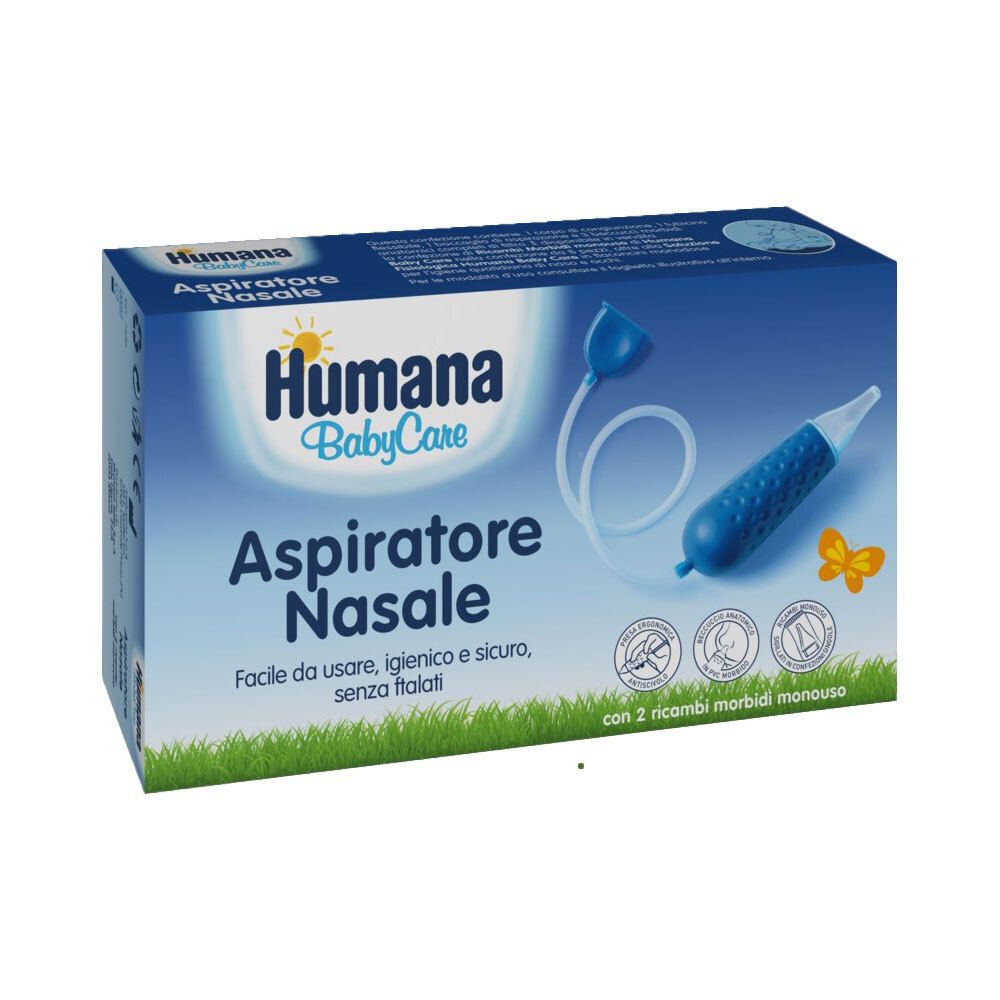Confezione blu Humana BabyCare Aspiratore Nasale. Include due ricambi. Testo: Facile da usare, igienico e sicuro, senza ftalati.