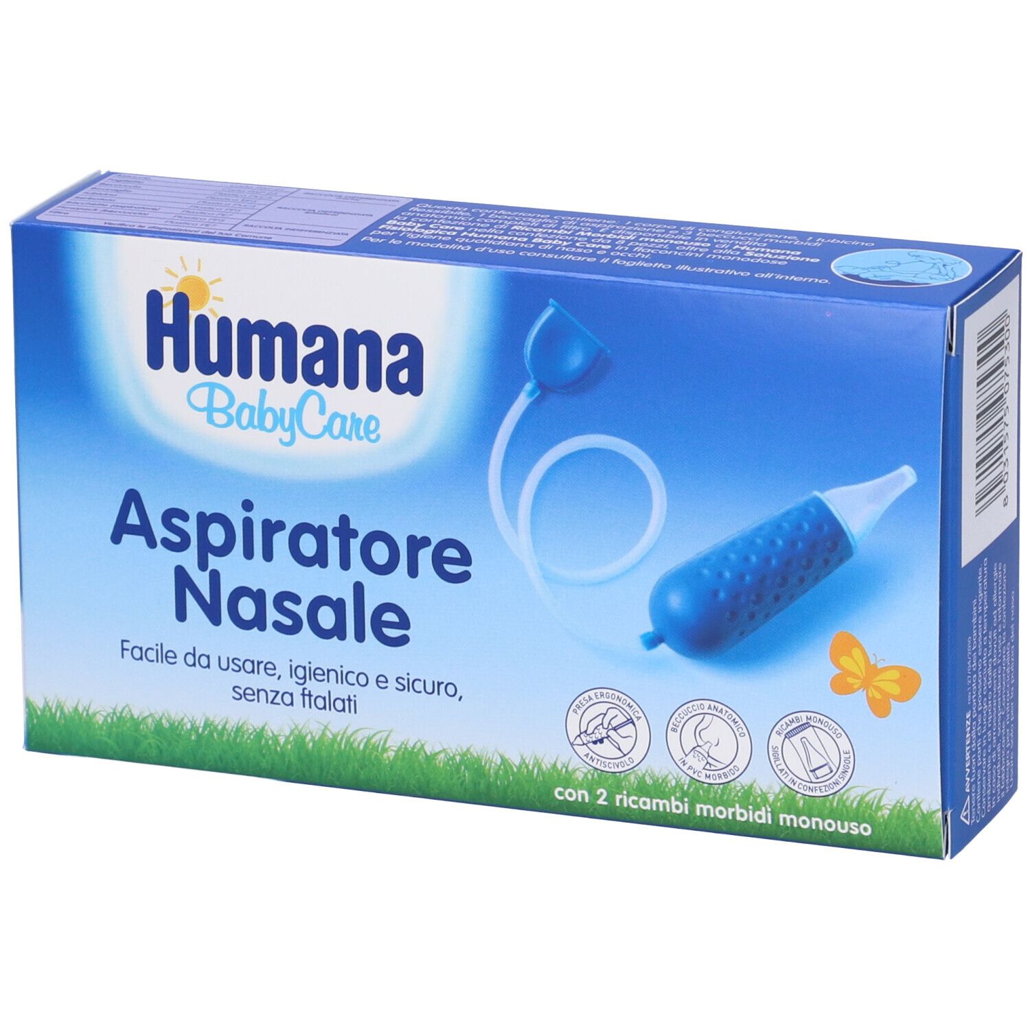 Confezione blu Humana BabyCare Aspiratore Nasale. Include due ricambi. Testo: Facile da usare, igienico e sicuro, senza ftalati.