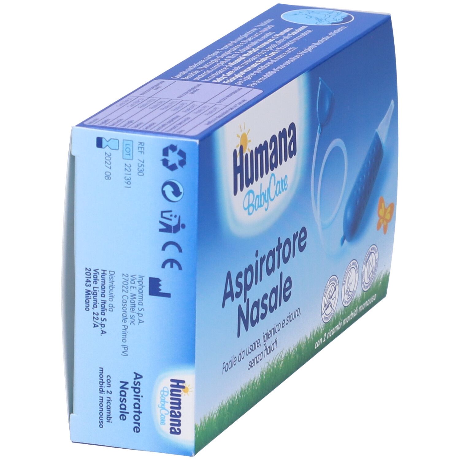 Vista obliqua della confezione Humana BabyCare Aspiratore Nasale. Scatola blu con immagine e testo. Include due ricambi.