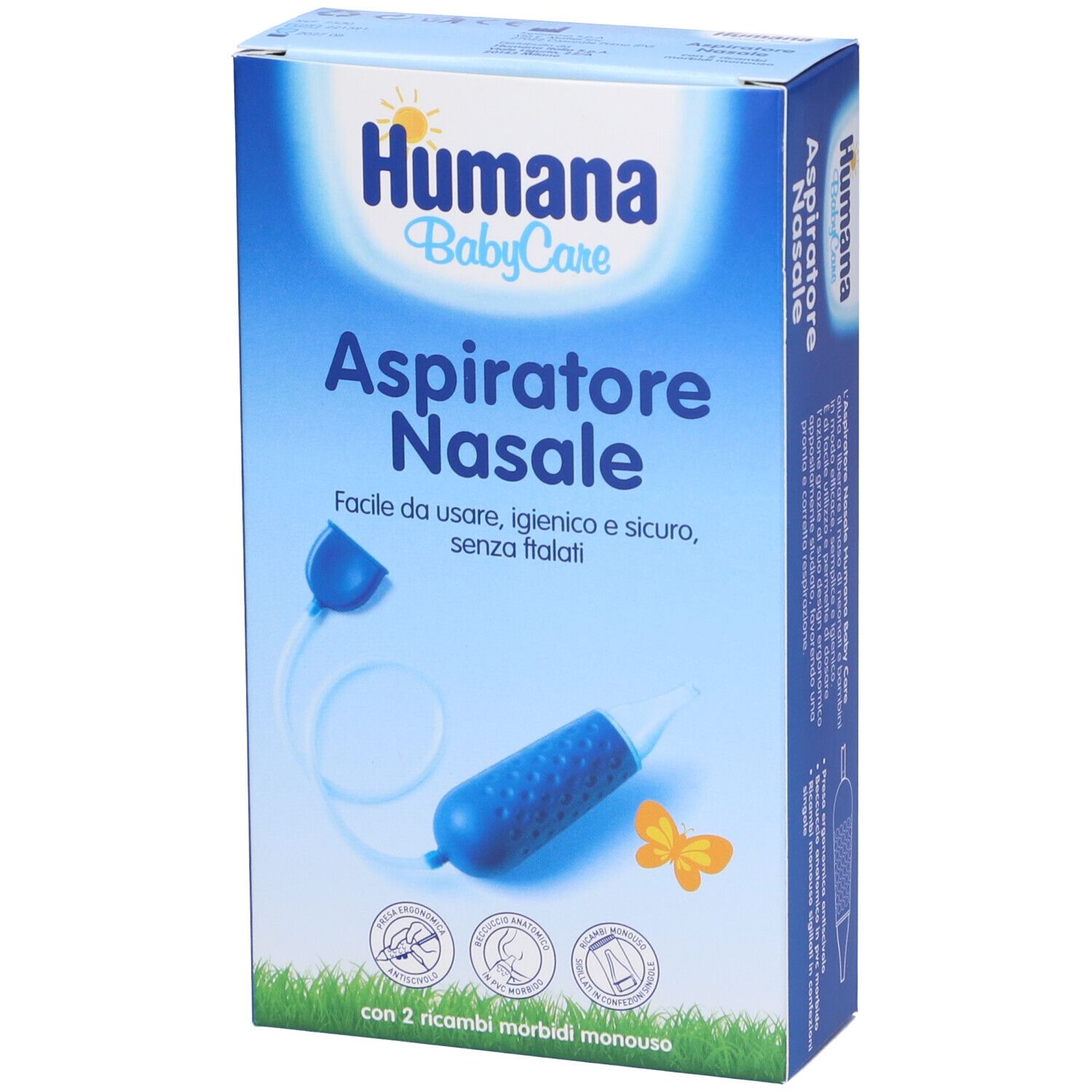 Confezione blu Humana BabyCare Aspiratore Nasale. Immagine e testo del prodotto. Include due ricambi. Testo: Facile da usare, igienico e sicuro.