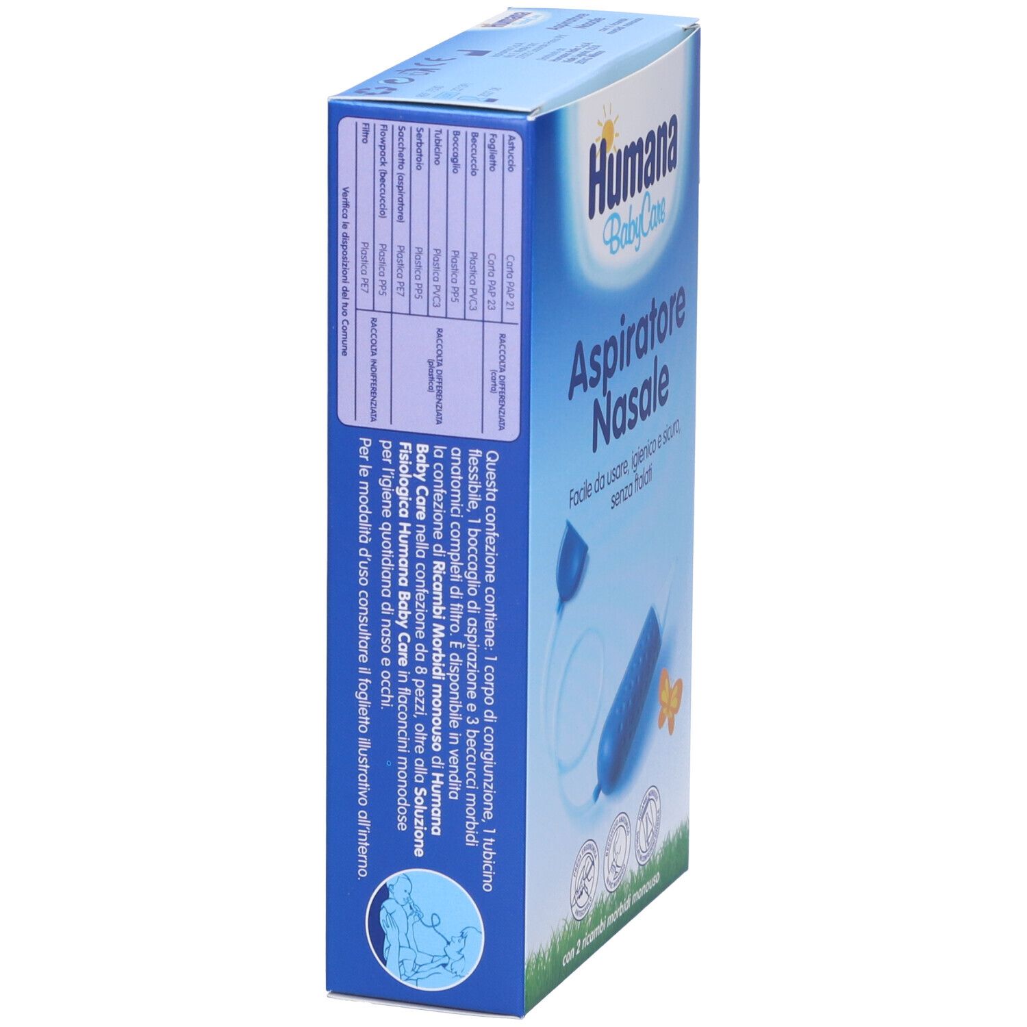 Vista laterale della confezione Humana BabyCare Aspiratore Nasale. Scatola blu con informazioni e testo. Include due ricambi.