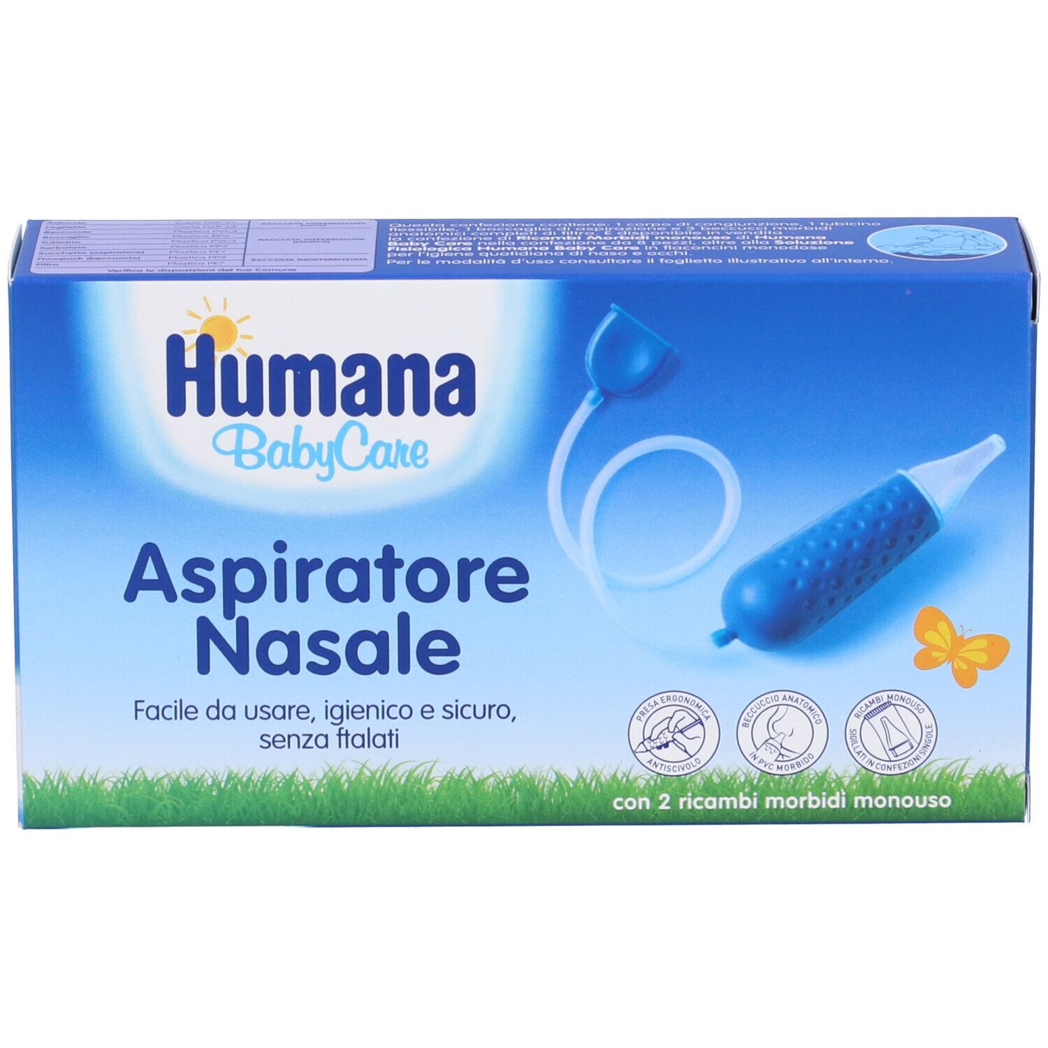 Confezione blu Humana BabyCare Aspiratore Nasale. Immagine e testo del prodotto. Include due ricambi. Testo: Facile da usare, igienico e sicuro.