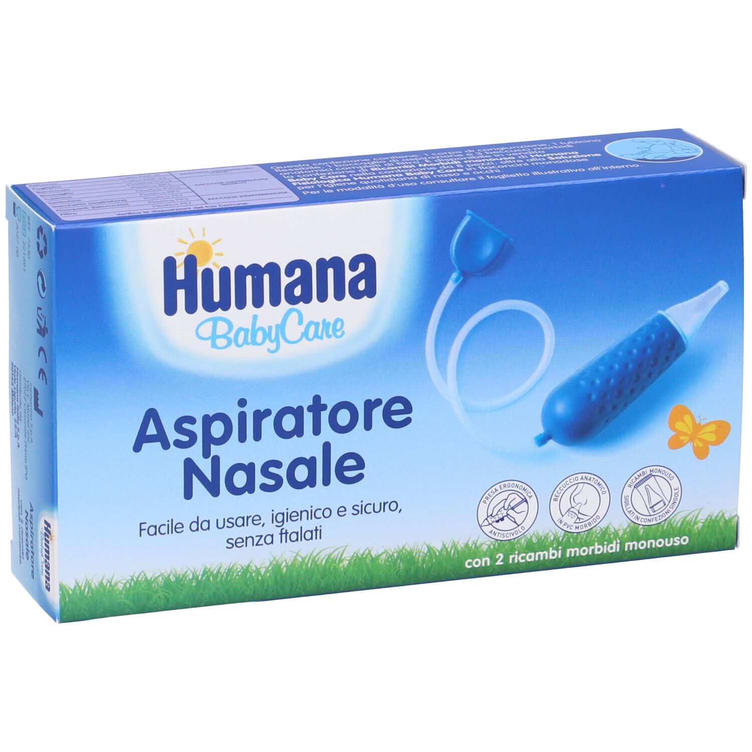 Confezione blu Humana BabyCare Aspiratore Nasale. Immagine e testo del prodotto. Include due ricambi. Testo: Facile da usare, igienico e sicuro.