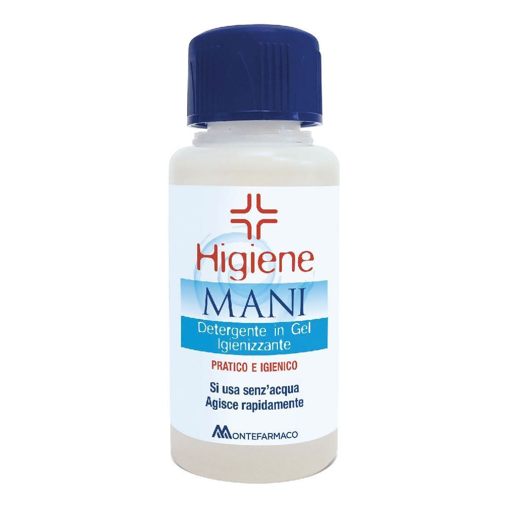 Flacon de gel désinfectant pour les mains, bouchon bleu. Étiquette "Higiene Mani".