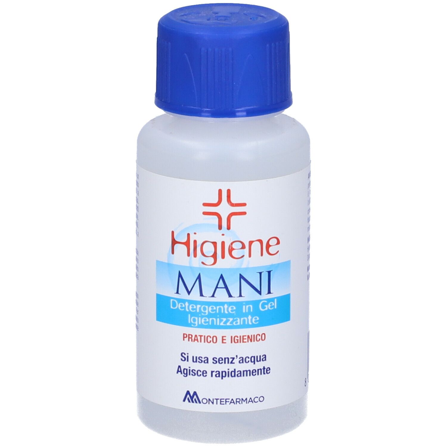 Flacon transparent avec bouchon bleu. Étiquette "Higiene Mani".