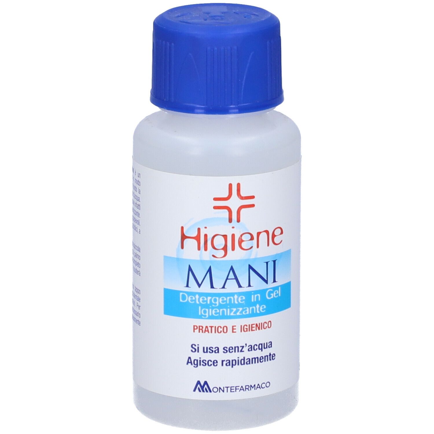 Flacon avec bouchon bleu. Étiquette "Higiene Mani".