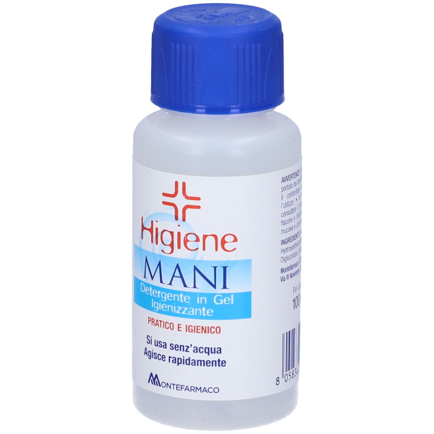 Flacon avec bouchon bleu. Étiquette "Higiene Mani".