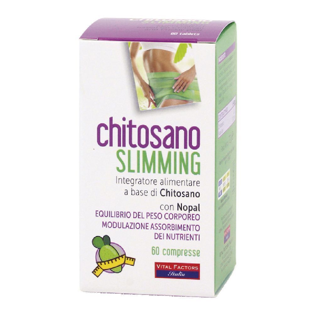 Scatola di Chitosano Slimming. Scatola bianca con nome e illustrazione del prodotto. Contiene 60 compresse.
