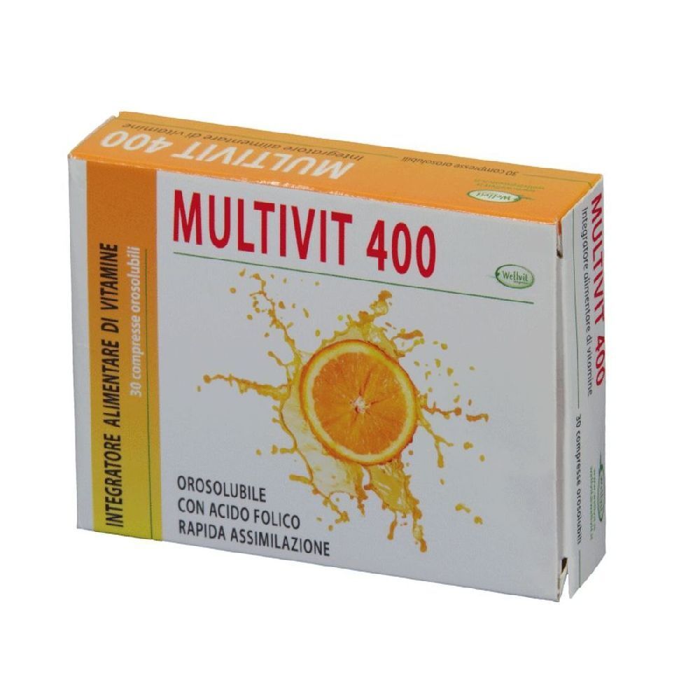 Confezione di Multivit 400. Scritta: "Integratore alimentare di vitamine". Immagine di un'arancia con spruzzi.