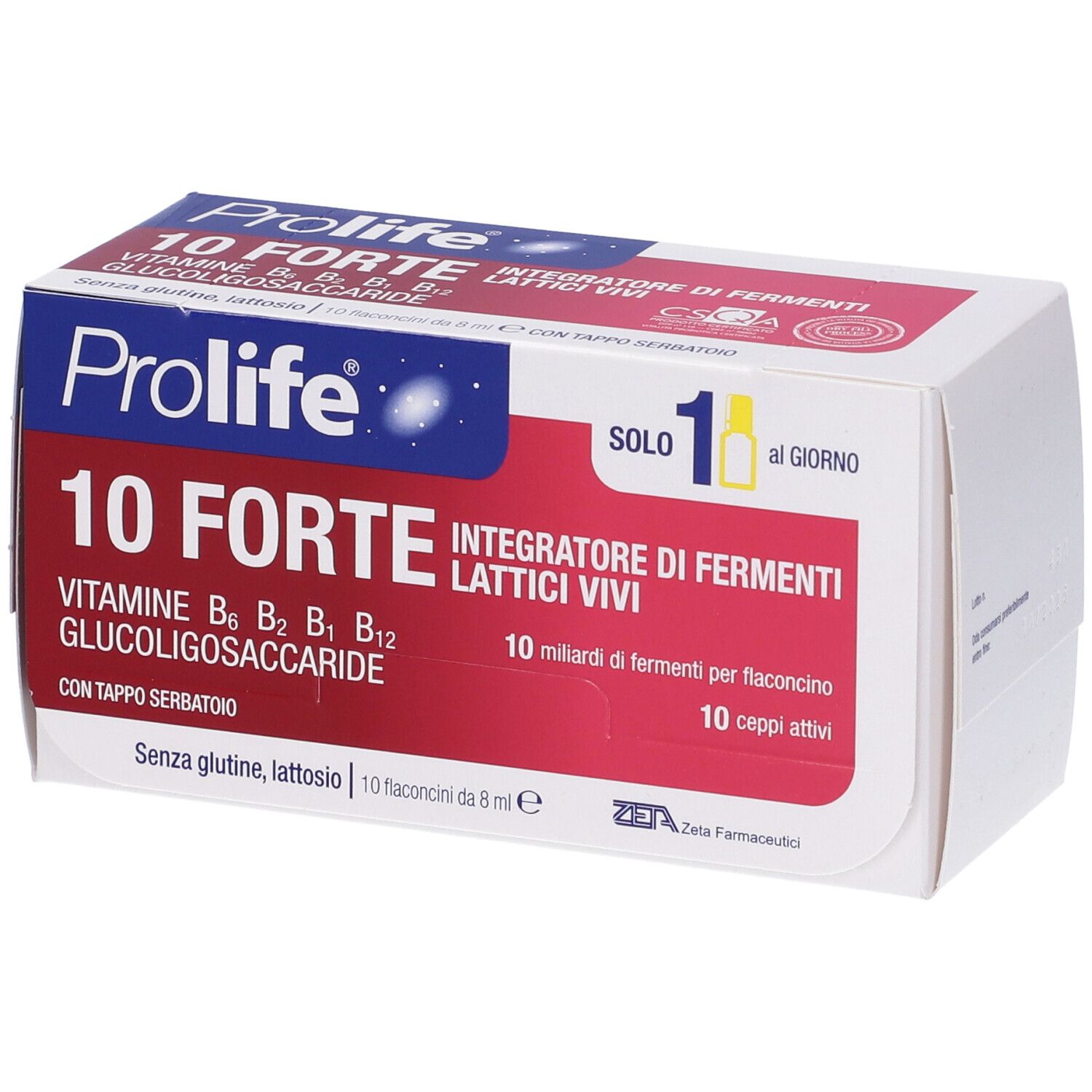 Confezione di Prolife 10 Forte. Colori rosso e blu. Contiene 10 flaconcini. Con vitamine e fermenti lattici vivi.