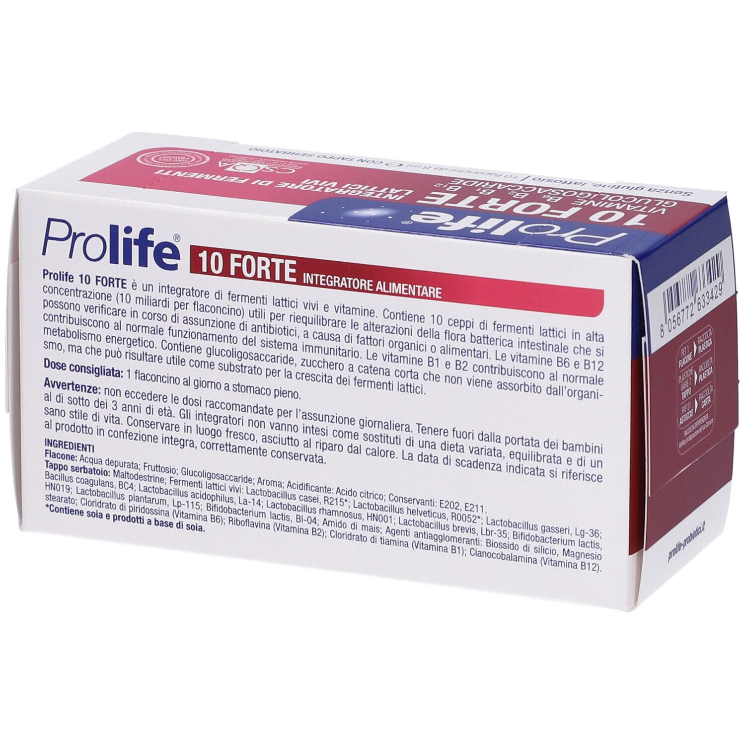 Confezione di Prolife 10 Forte. Vista posteriore. Contiene informazioni sugli ingredienti e l'uso. Rosso e blu.