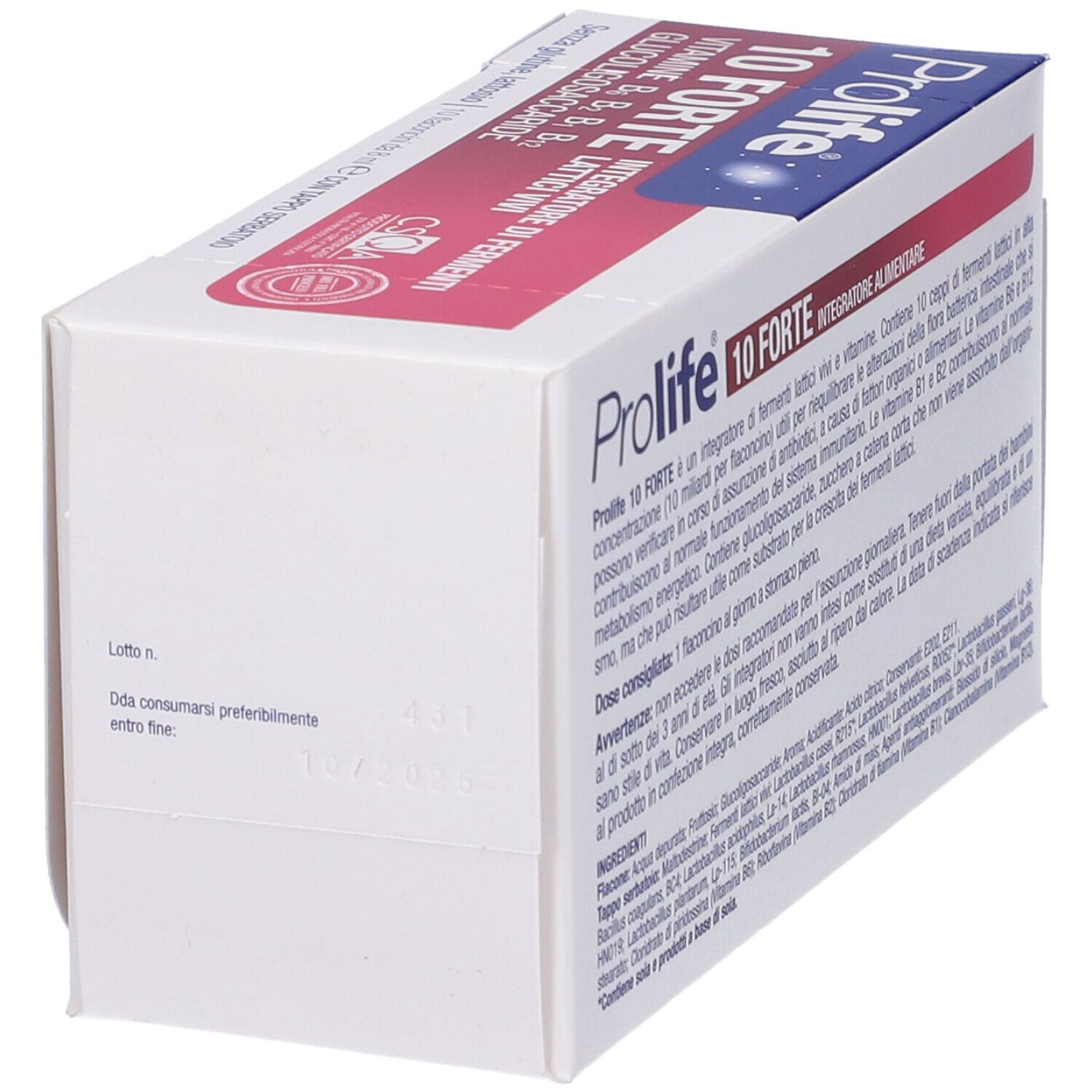 Confezione di Prolife 10 Forte. Vista laterale. Contiene informazioni sulla scadenza. Rosso e blu.
