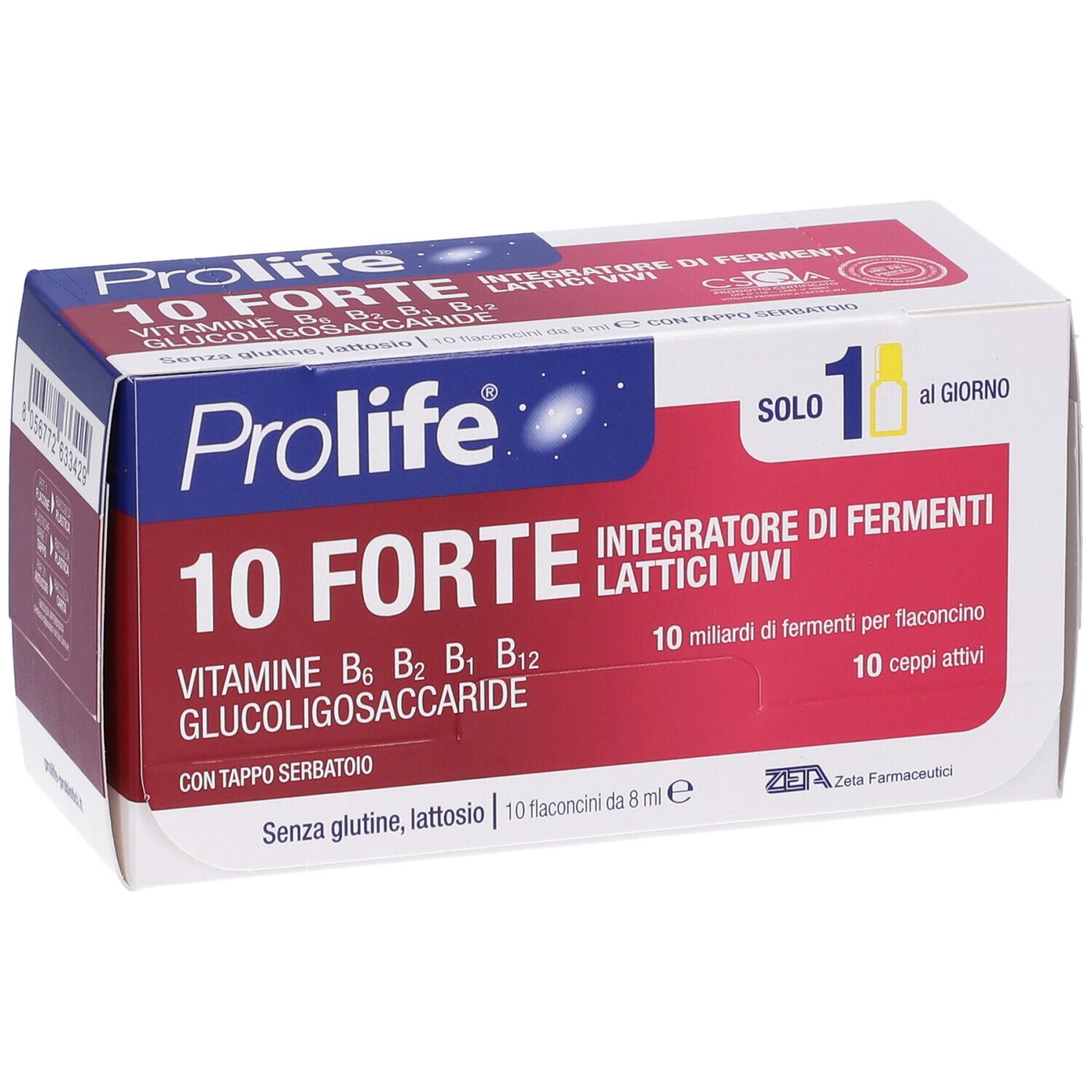 Confezione di Prolife 10 Forte. Contiene 10 flaconcini. Scritta: Integratore di fermenti lattici vivi. Con vitamine.