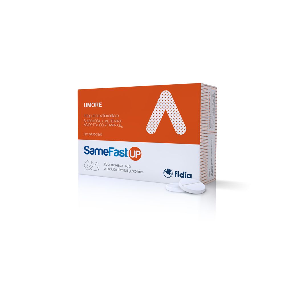 Confezione di SameFast UP Compresse orosolubili. Scatola arancione e bianca con nome e logo del prodotto. Due compresse accanto.
