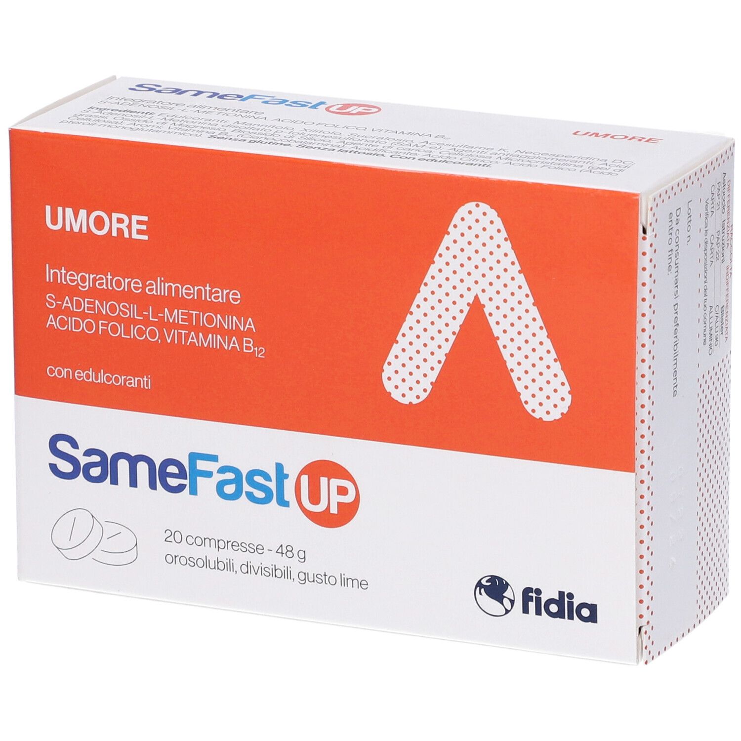 Confezione di SameFast UP Compresse orosolubili. Scatola arancione e bianca con nome e logo del prodotto. 20 compresse.
