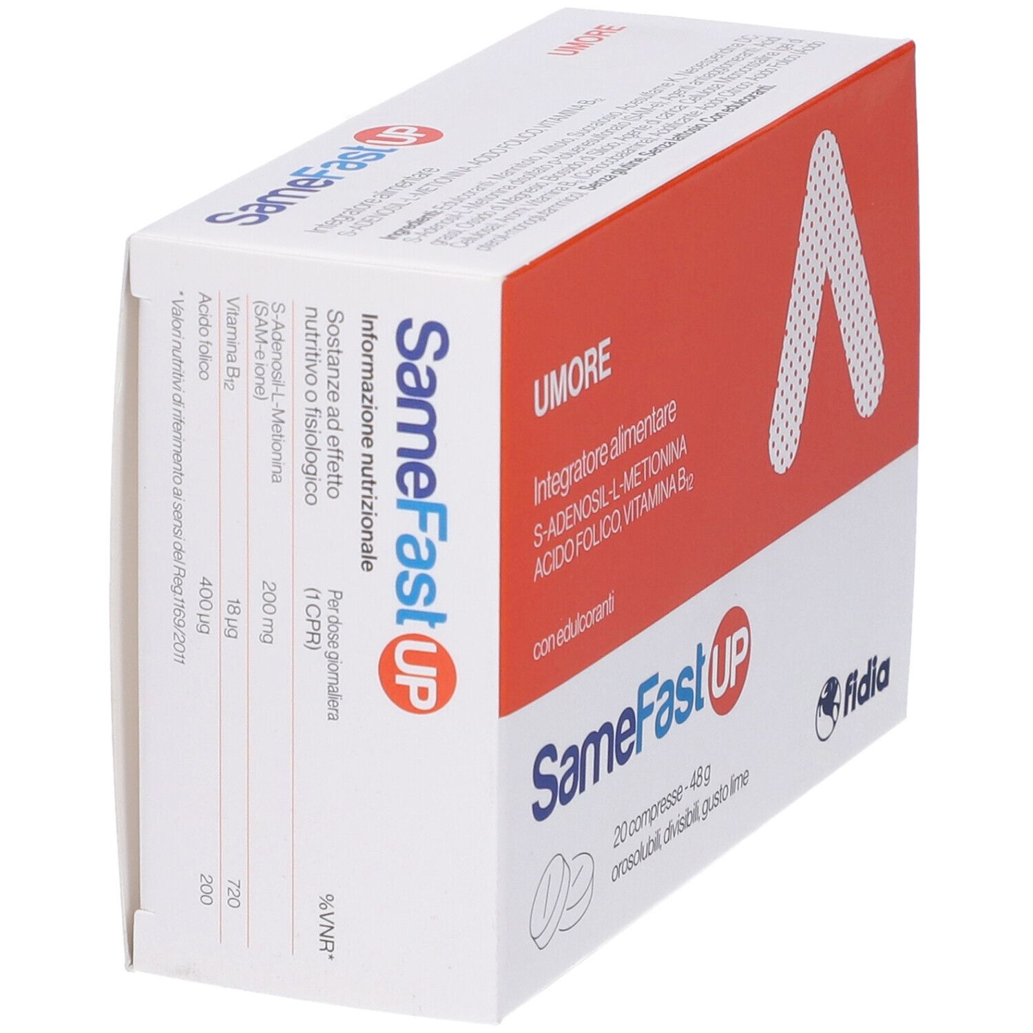 Confezione di SameFast UP Compresse orosolubili. Scatola arancione e bianca con nome e logo del prodotto. Vista dettagliata con informazioni nutrizionali.