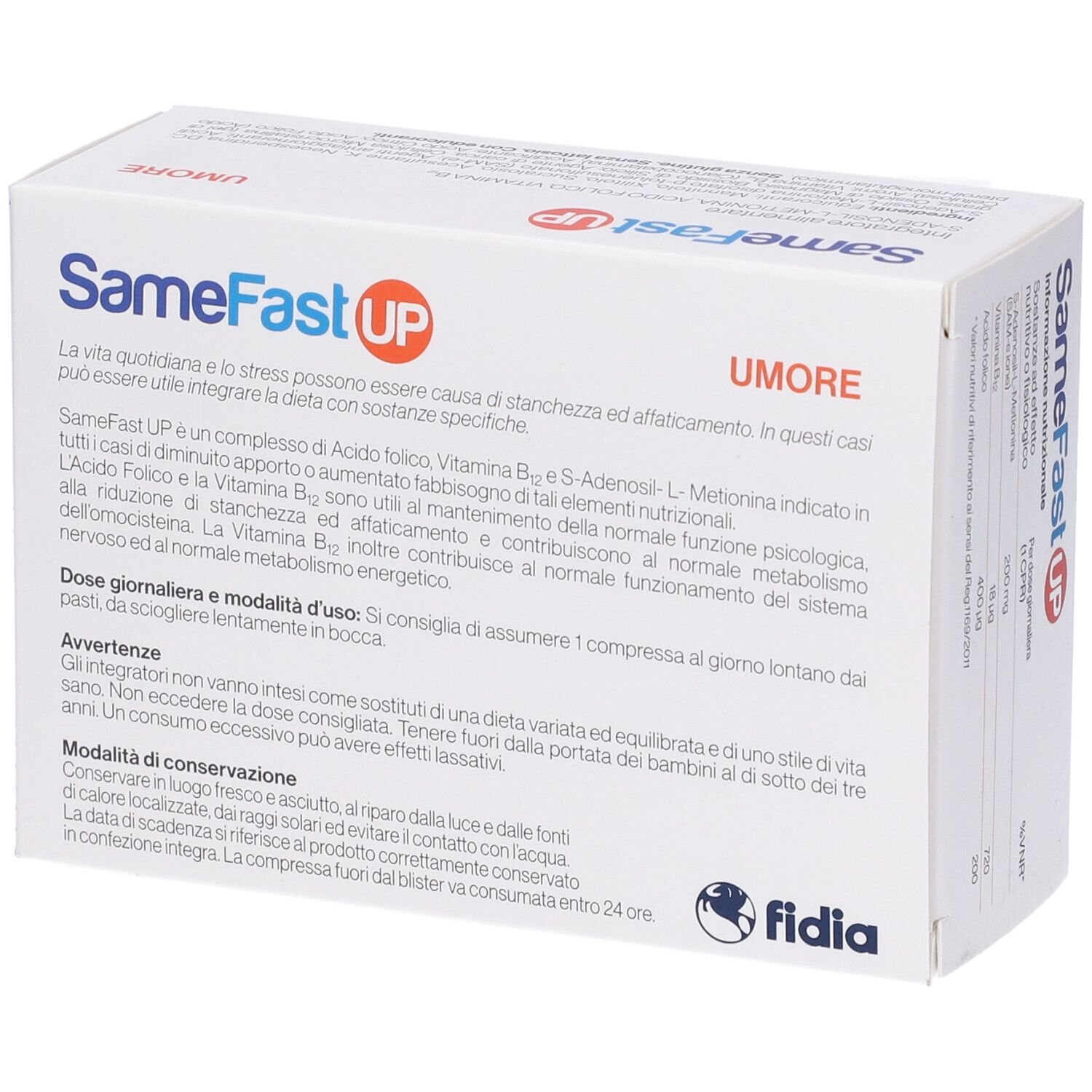 Confezione di SameFast UP Compresse orosolubili. Scatola arancione e bianca con nome e logo del prodotto. Testo sull'uso e sugli ingredienti.