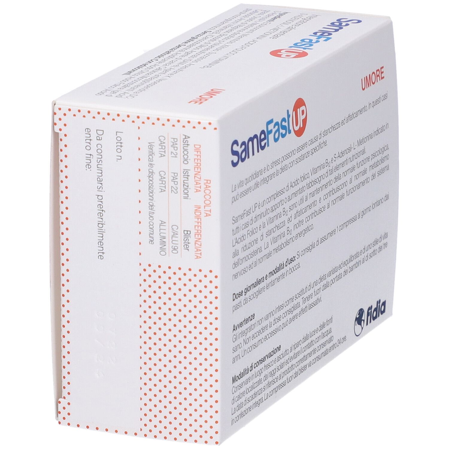 Confezione di SameFast UP Compresse orosolubili. Scatola arancione e bianca con nome e logo del prodotto. Vista dettagliata con data di scadenza.