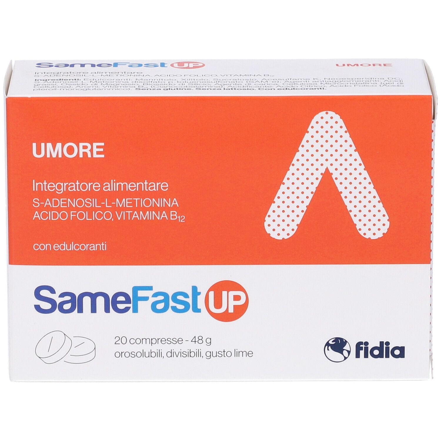 Confezione di SameFast UP Compresse orosolubili. Scatola arancione e bianca con nome e logo del prodotto. 20 compresse, 48g.