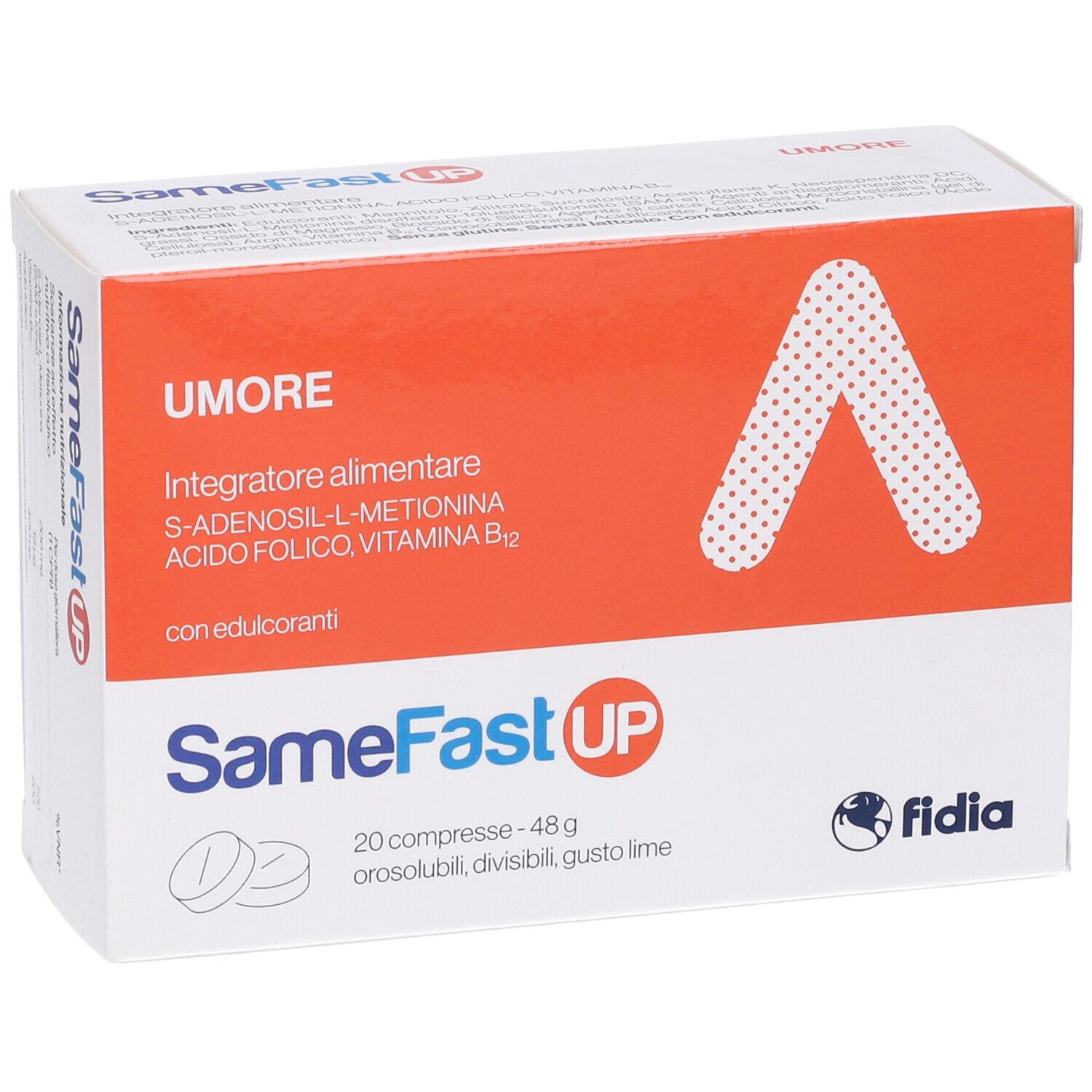 Confezione di SameFast UP Compresse orosolubili. Scatola arancione e bianca con nome e logo del prodotto. 20 compresse.