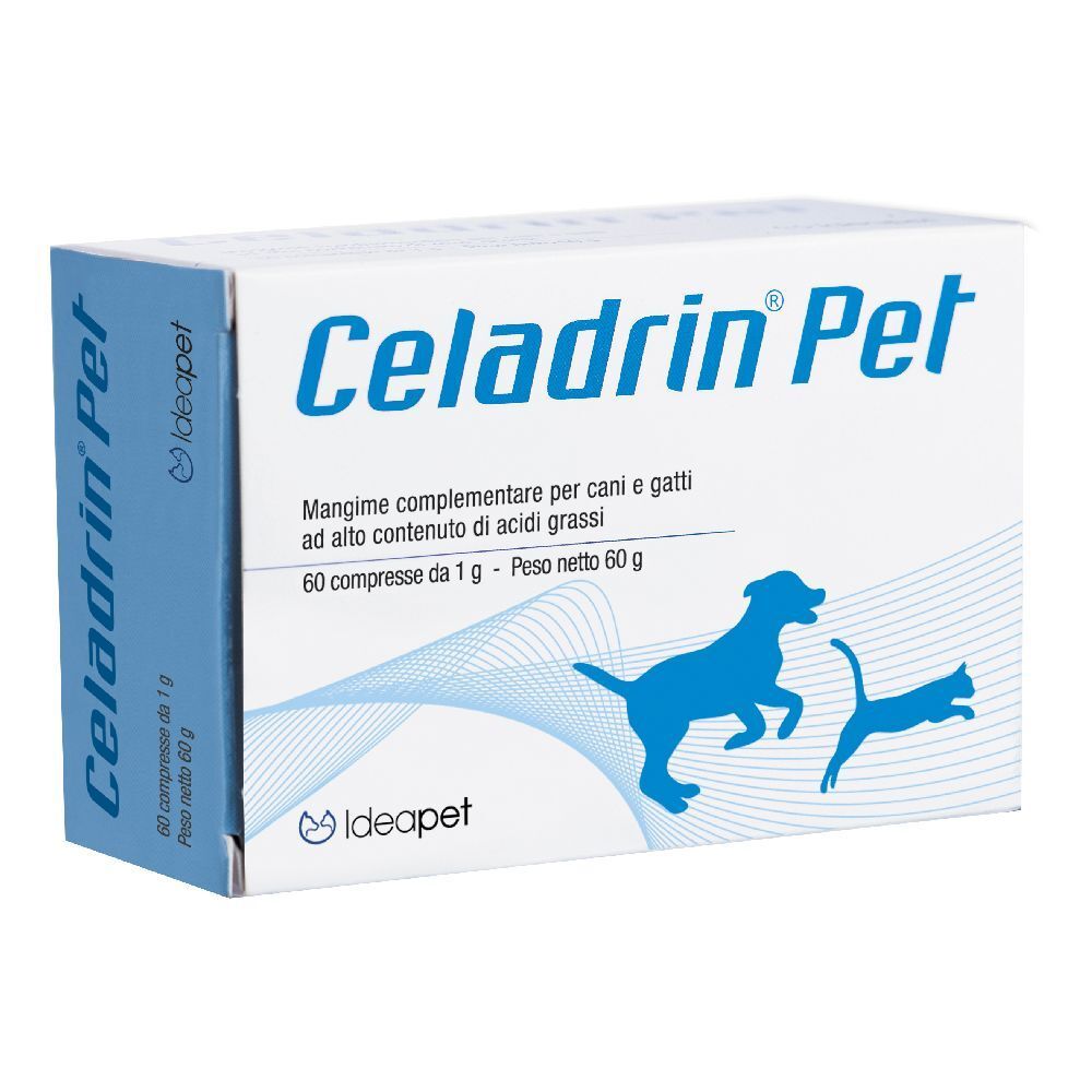 Scatola bianca con logo "Celadrin Pet". Testo: Mangime complementare per cani e gatti. 60 compresse. Logo: cane e gatto.