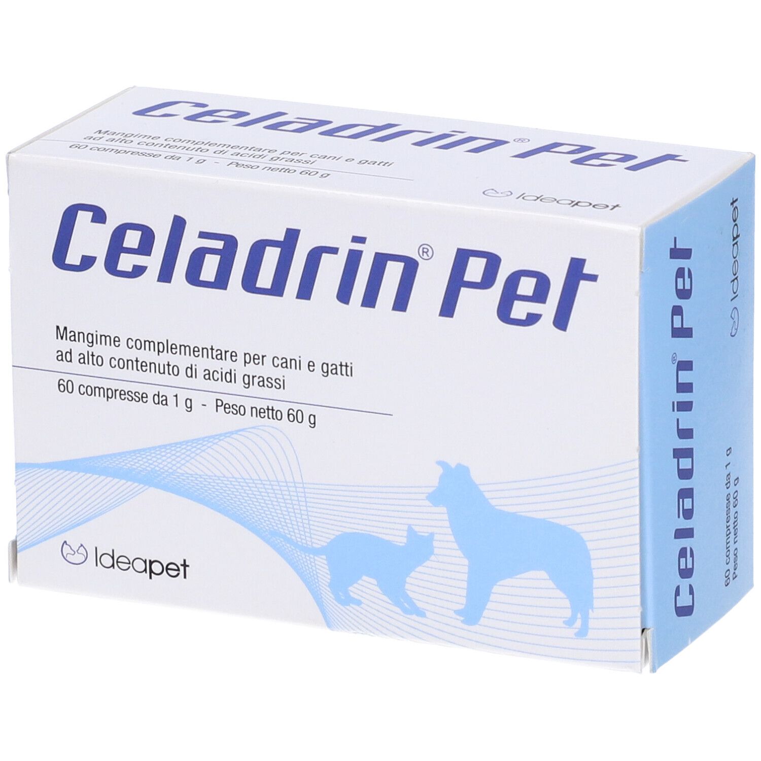 Scatola bianca con logo "Celadrin Pet". Testo: Mangime complementare per cani e gatti. 60 compresse. Logo: cane e gatto.
